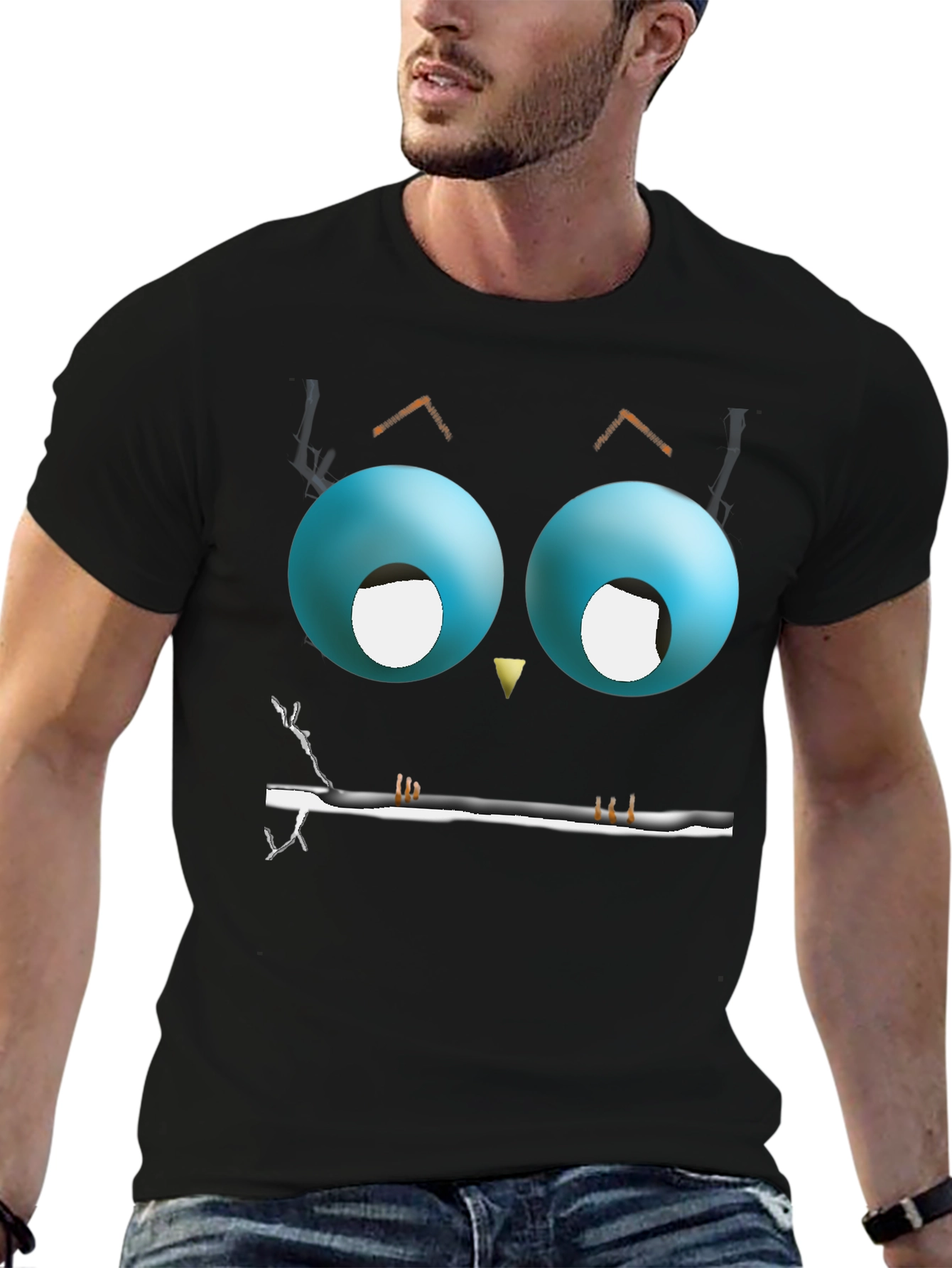 Black Cartoon Owl Eyes T-Shirt - Men's Black Graphic Tee view 6