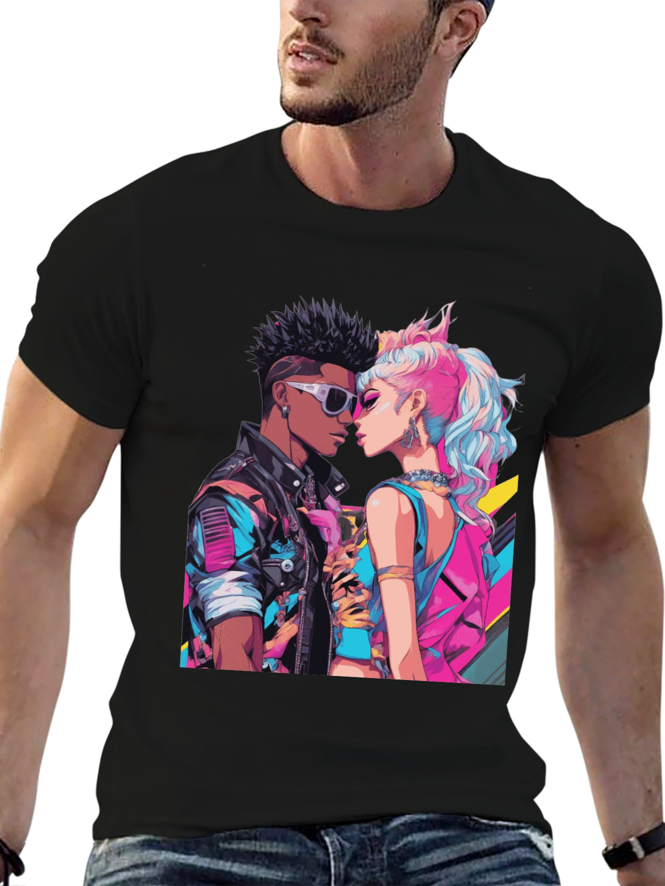 Black Retro Romance Graphic Tee - Cool Couple T-Shirt view 6