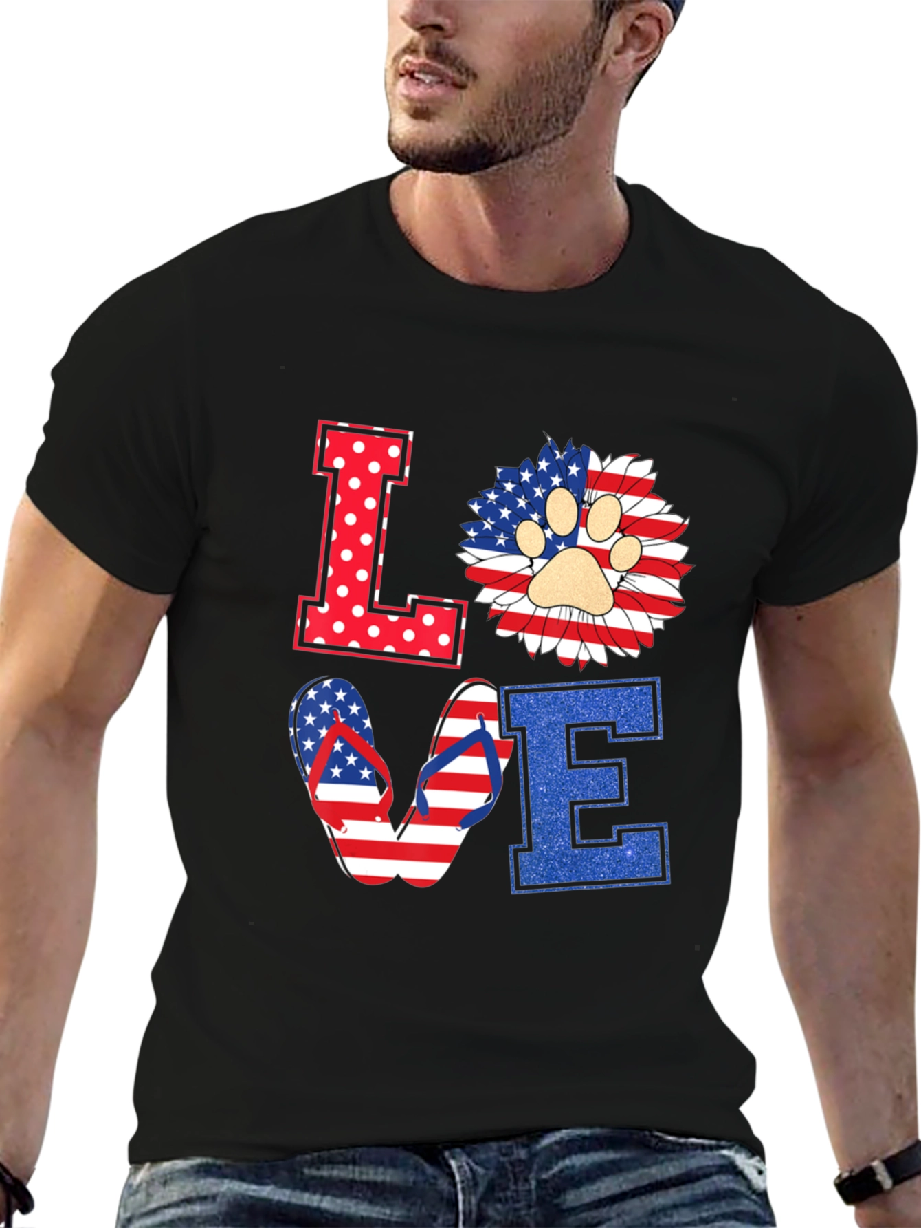 Patriotic LOVE T-Shirt, Paw Print, Flip Flops, USA Flag - 6