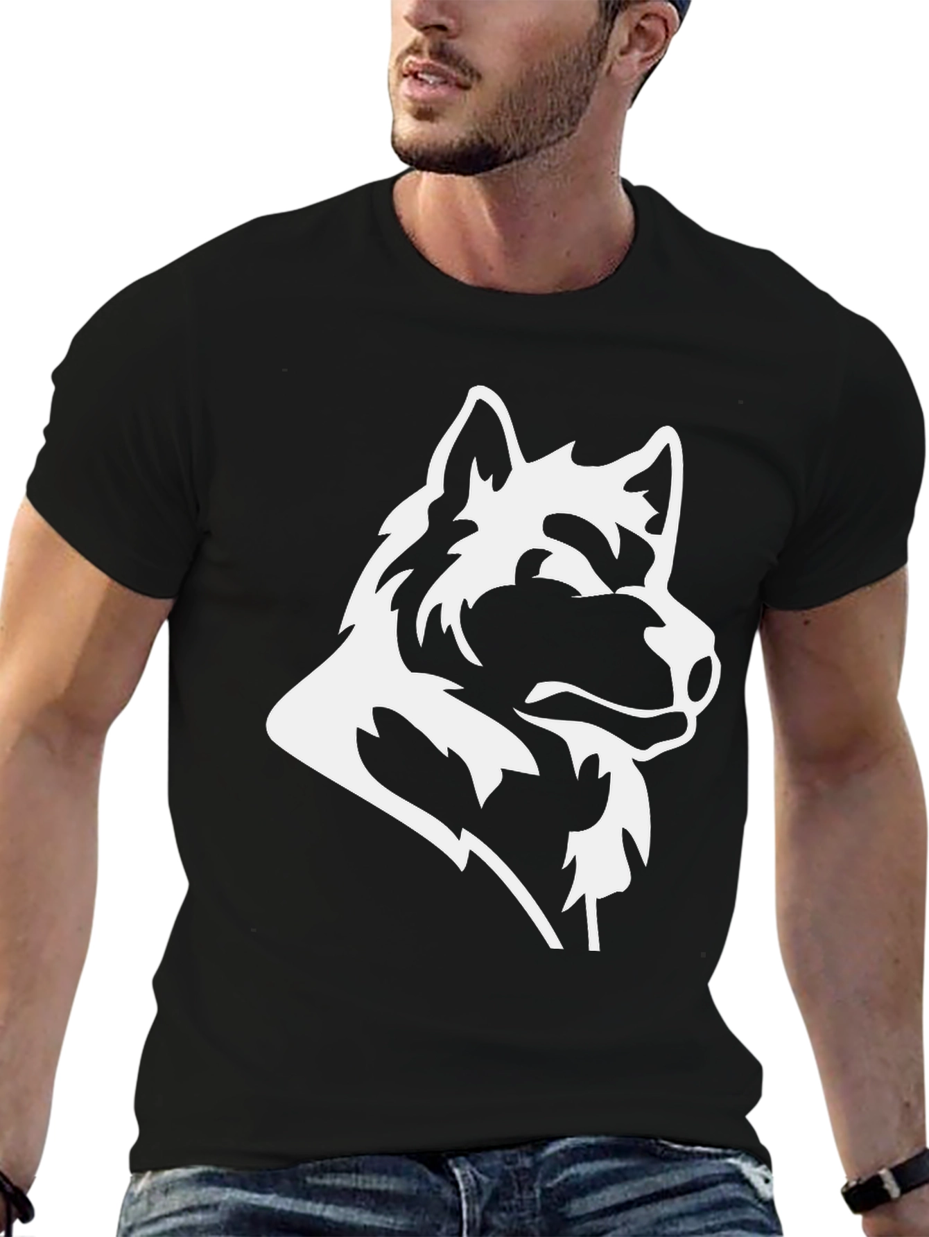 Black Black T-Shirt with White Wolf Graphic view 6