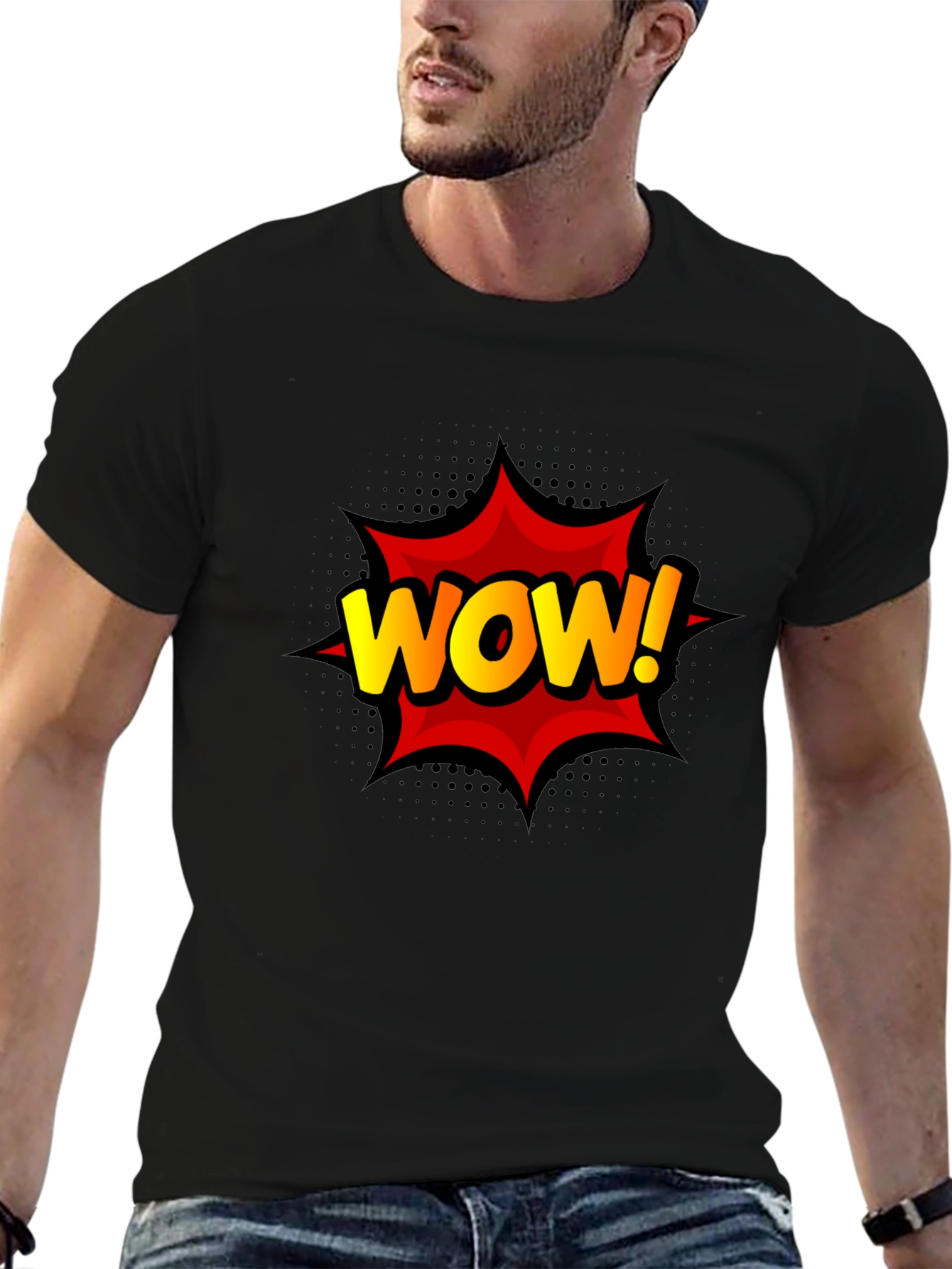 Black WOW! Graphic Print Tee - Black Cotton T-Shirt view 6