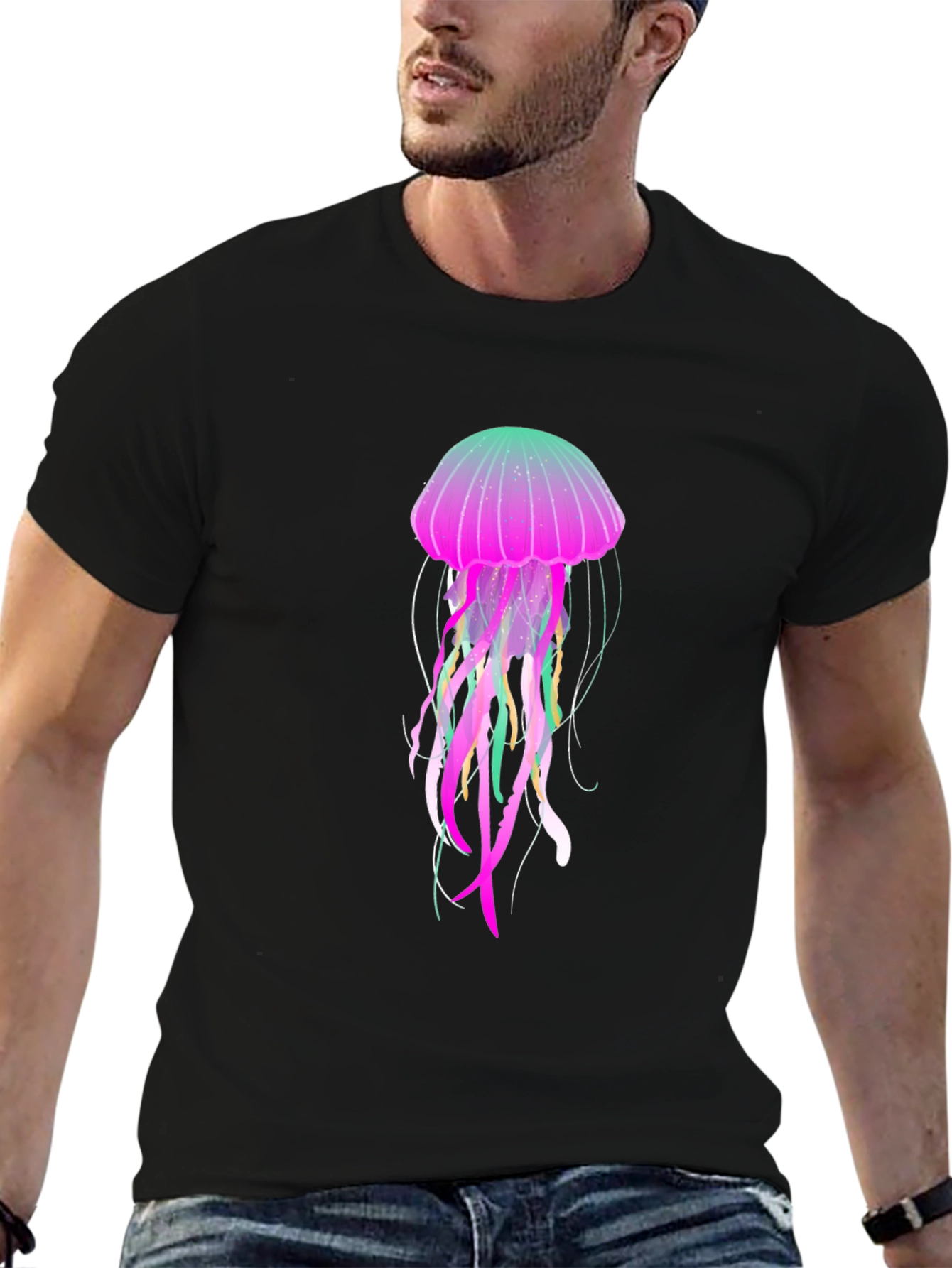 Black Neon Jellyfish Graphic Black T-Shirt view 6