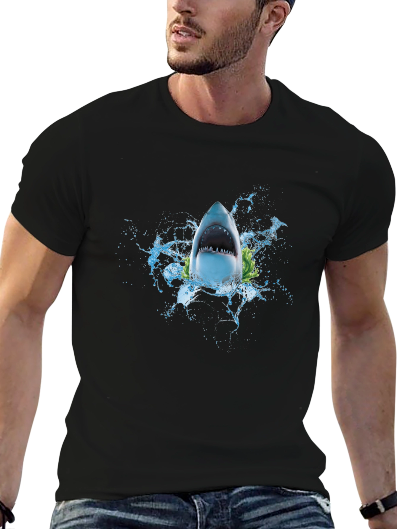 Black Shark Attack Graphic Tee - Black Cotton T-Shirt view 6