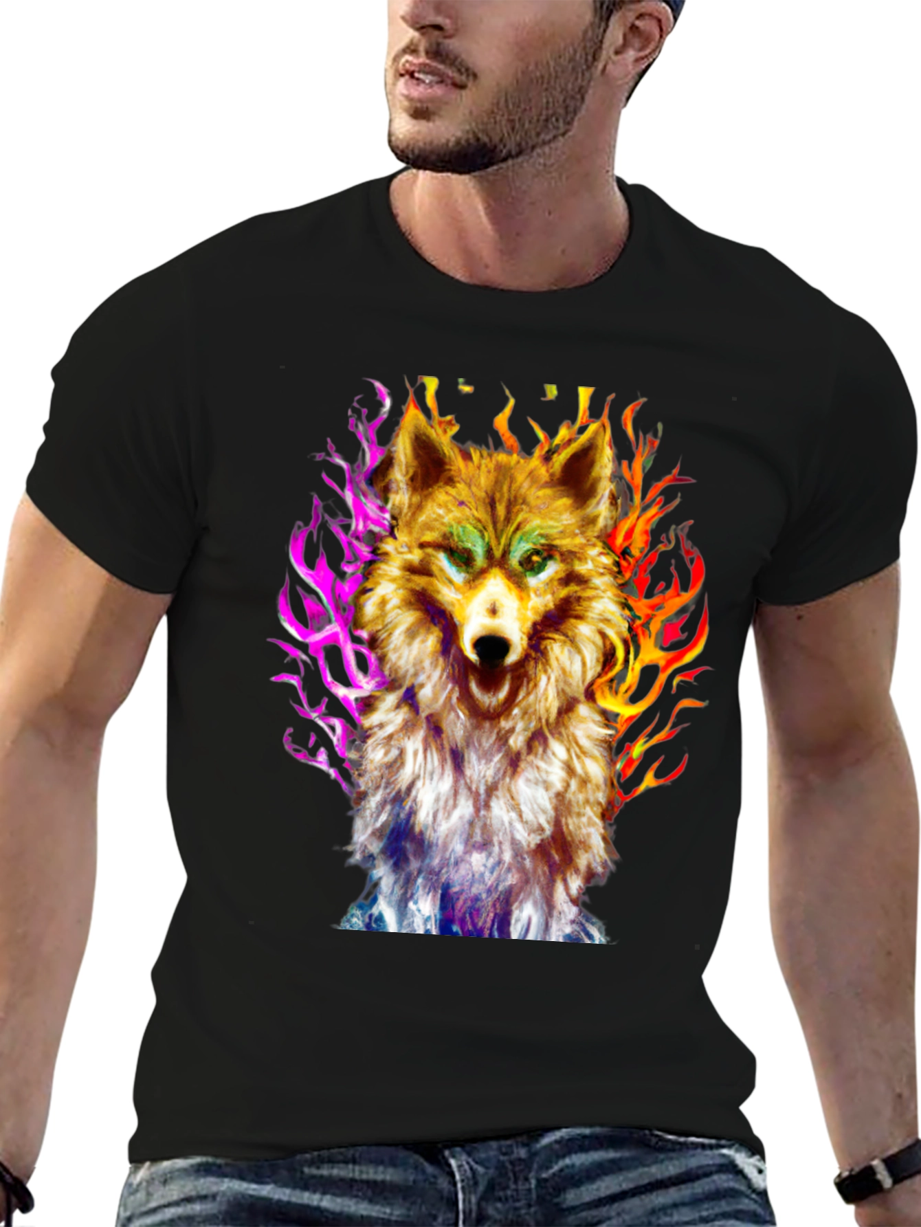 Black Fiery Wolf Graphic Tee - Black Cotton view 6