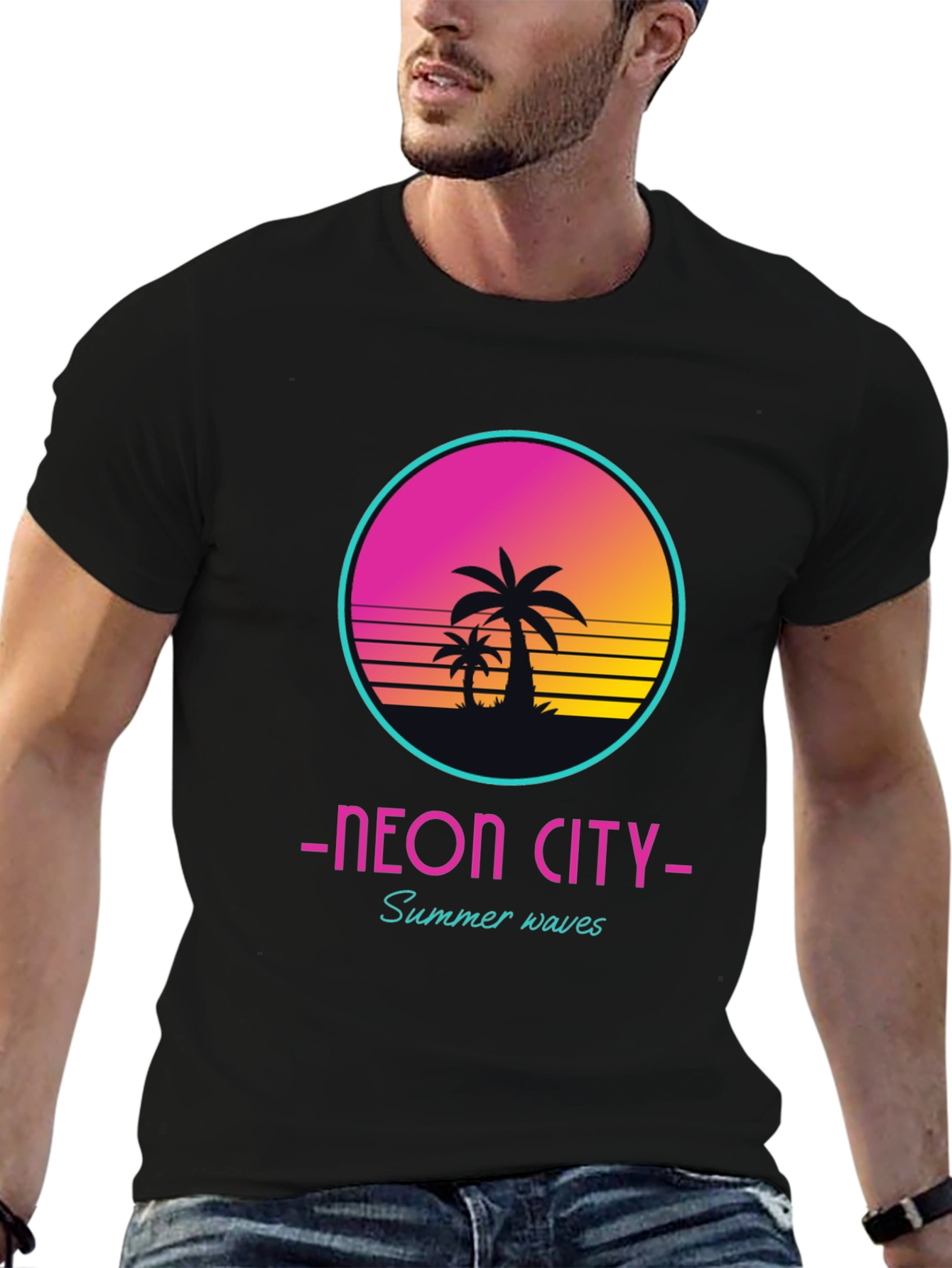 Black Neon City Summer Waves Graphic Tee view 6