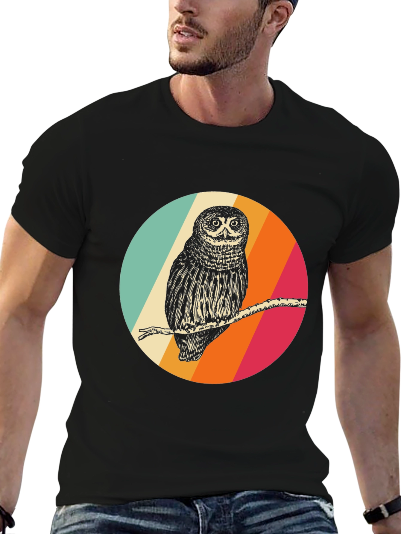 Black Retro Owl Graphic Tee - Men's Black T-Shirt view 6