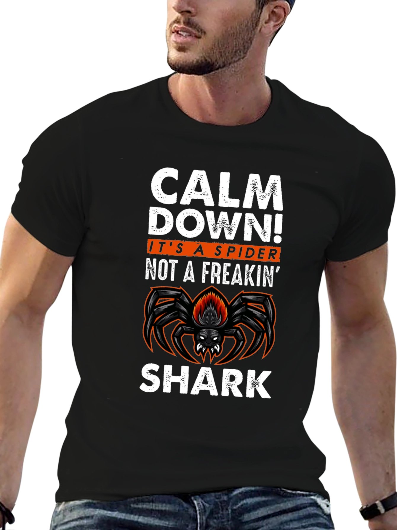 Black Calm Down Spider Graphic Tee -  Funny Halloween T-Shirt view 6