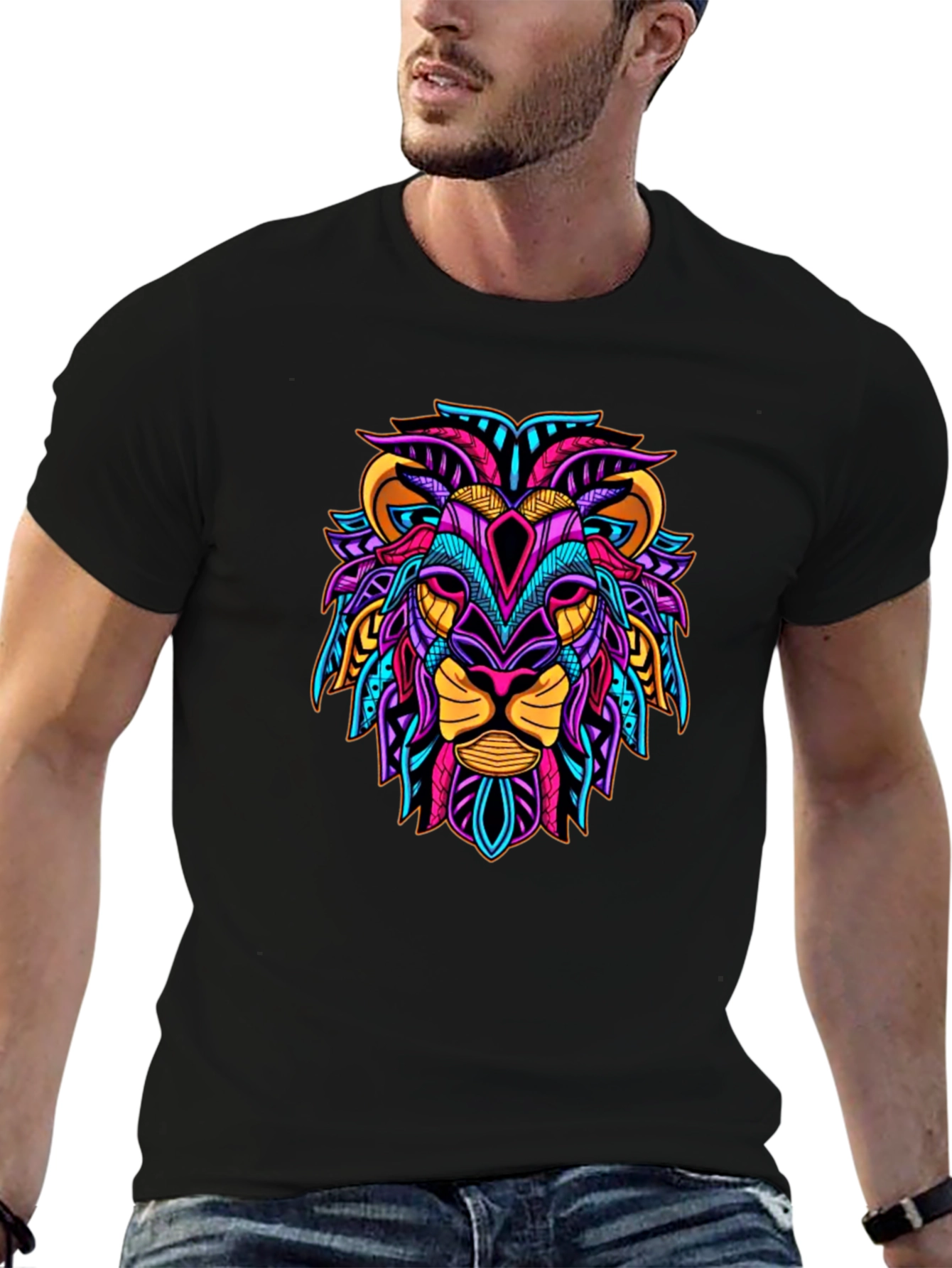 Black Vibrant Lion Graphic Tee - Unique Design view 6