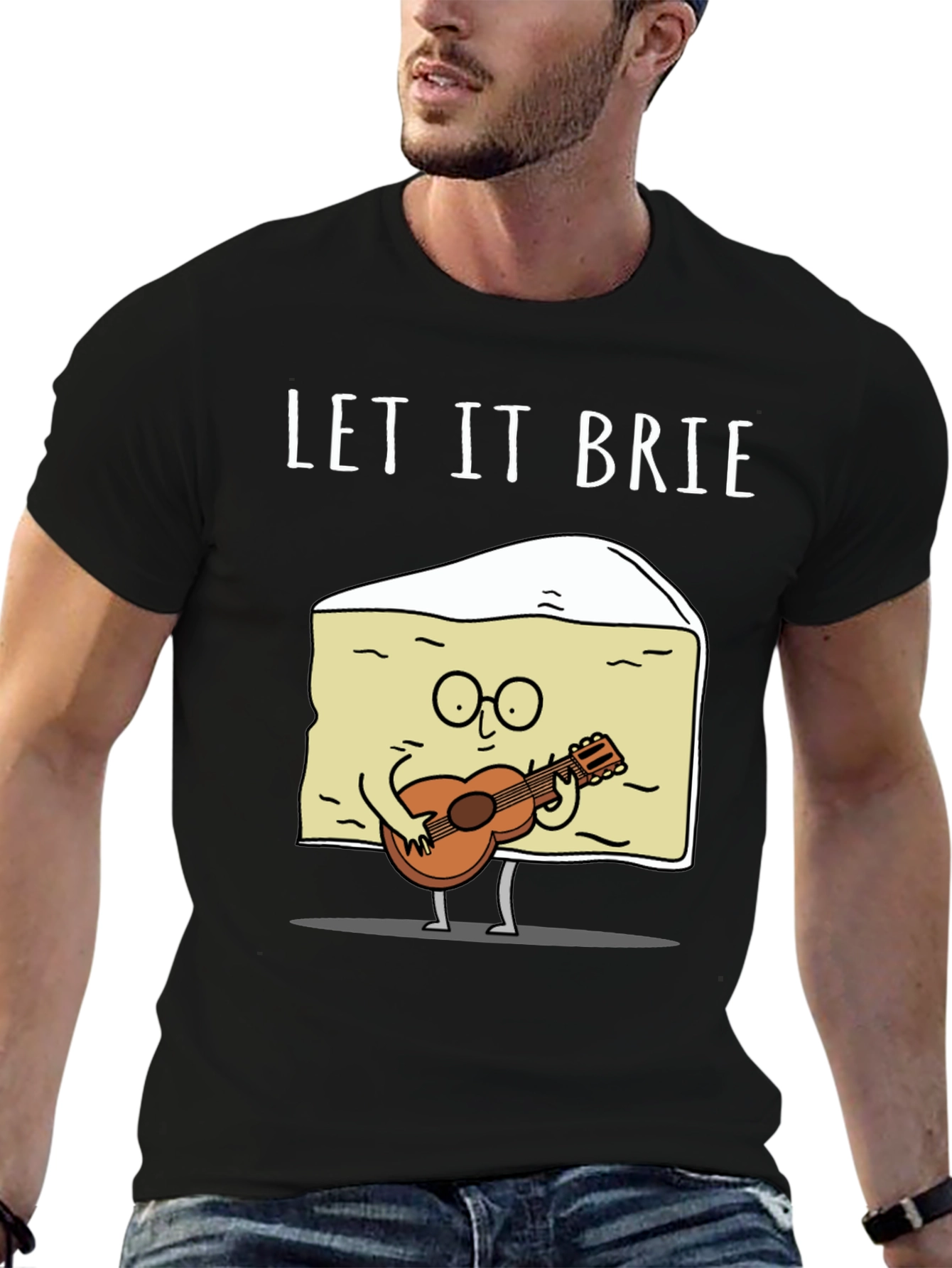 Black Let It Brie T-Shirt - Cheese Guitar Player view 6