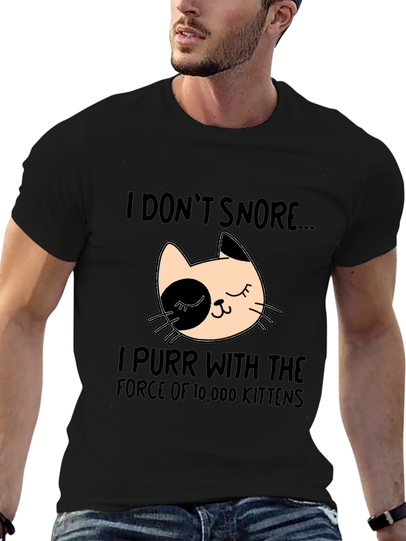 Black Funny Cat Purr T-Shirt - I Don't Snore view 6