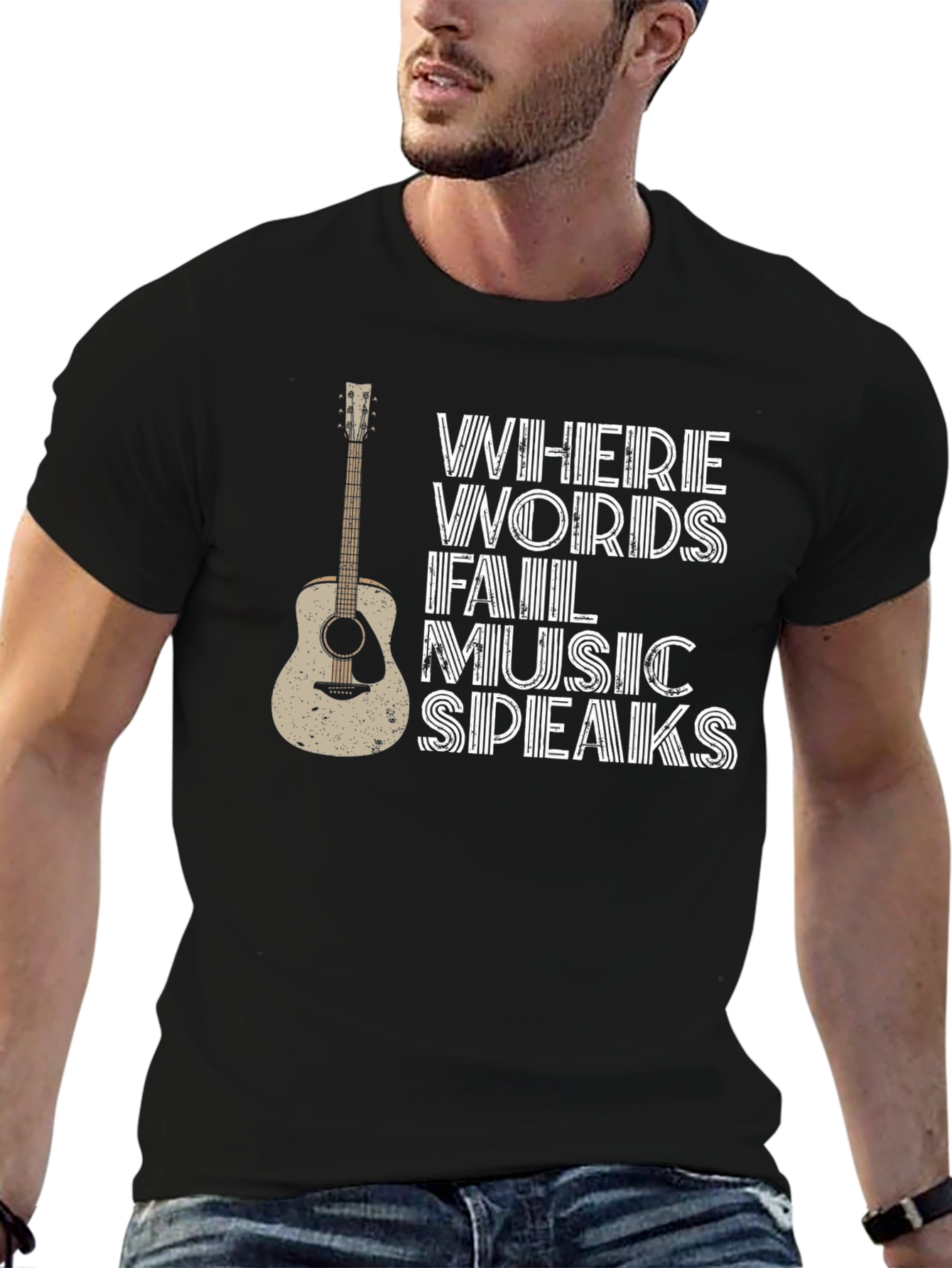 Black Where Words Fail Music Speaks T-Shirt view 6
