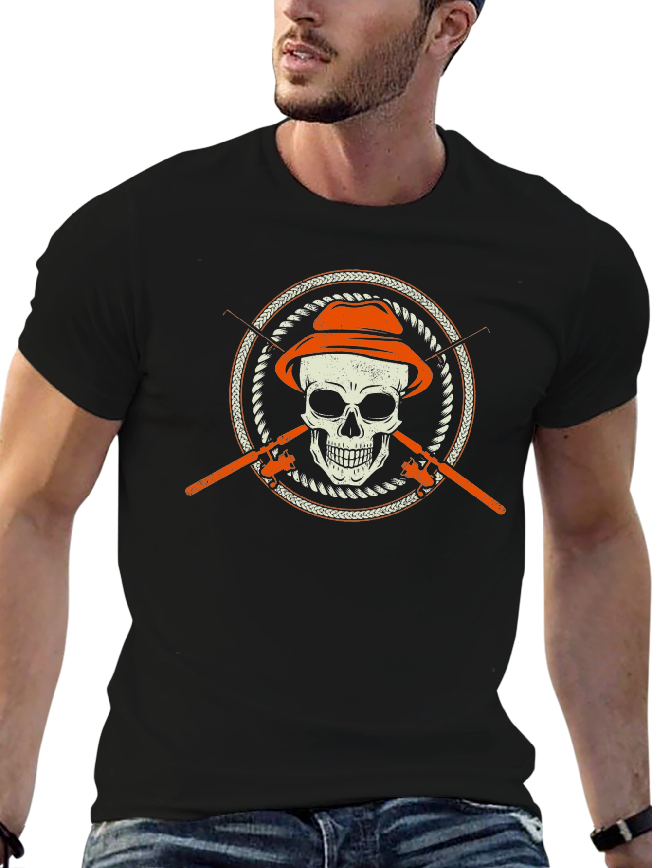 Black Skull Fisherman T-Shirt - Fishing Skeleton Tee view 6
