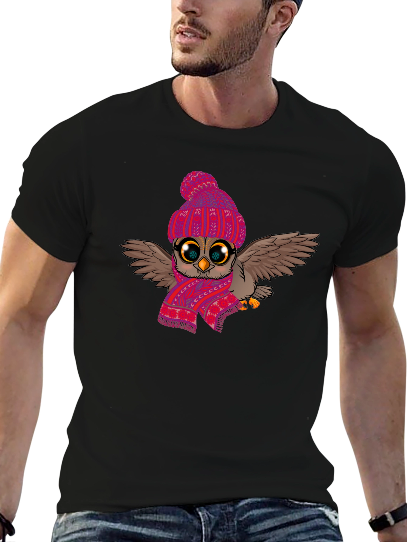 Black Winter Owl T-Shirt: Cute Cartoon Bird with Scarf & Hat view 6