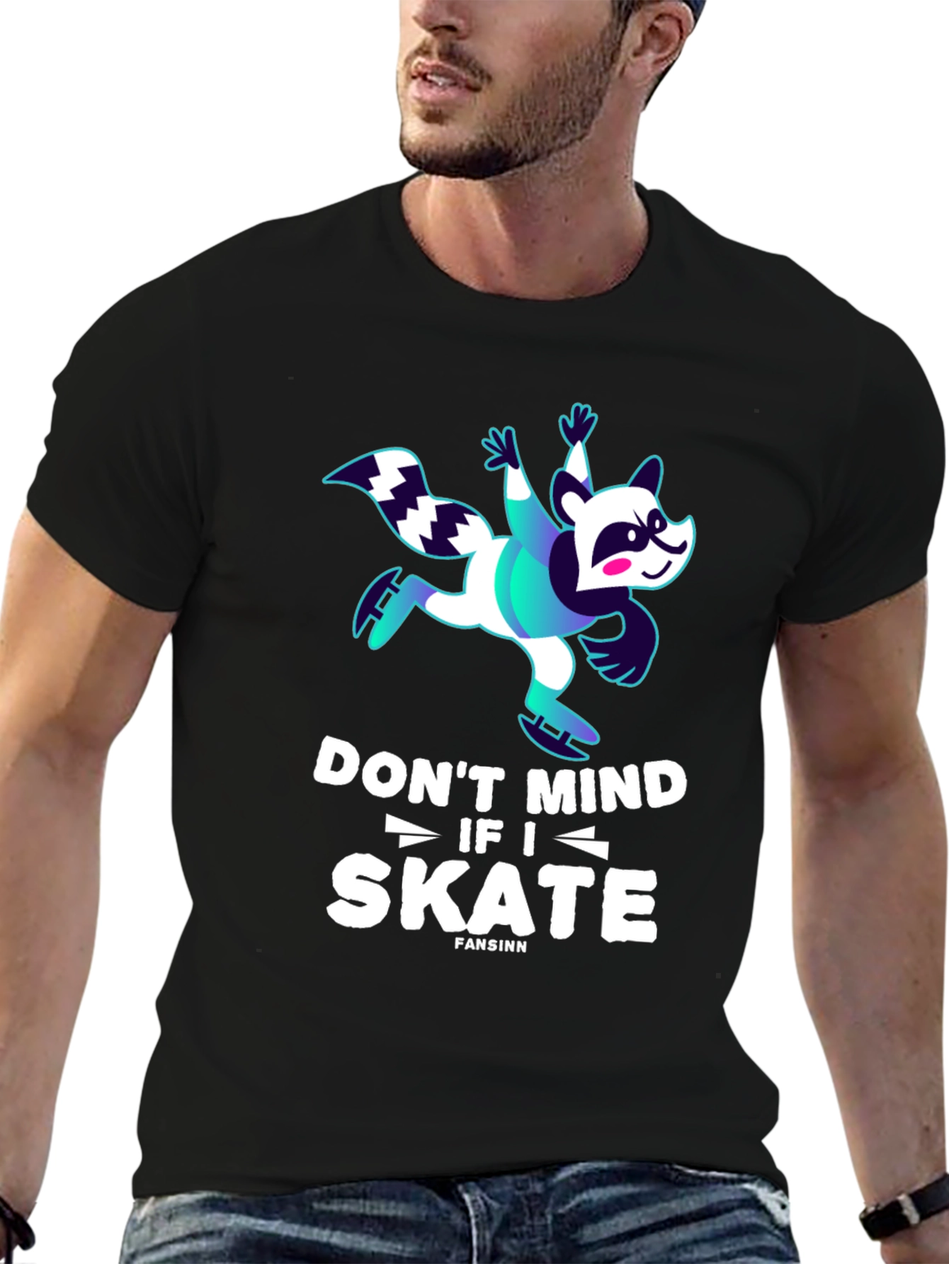 Black Funny Skater Raccoon Graphic T-Shirt view 6