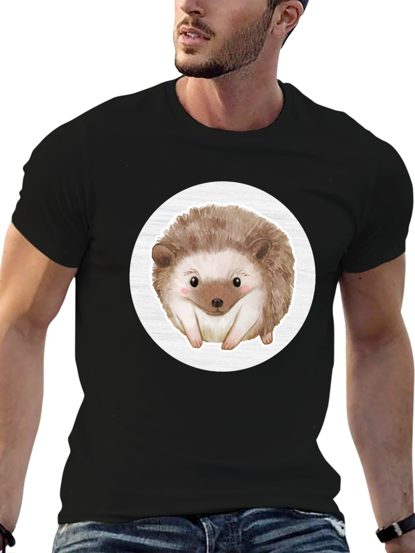 Black Cute Hedgehog Graphic Tee - Black Cotton Casual Shirt view 6