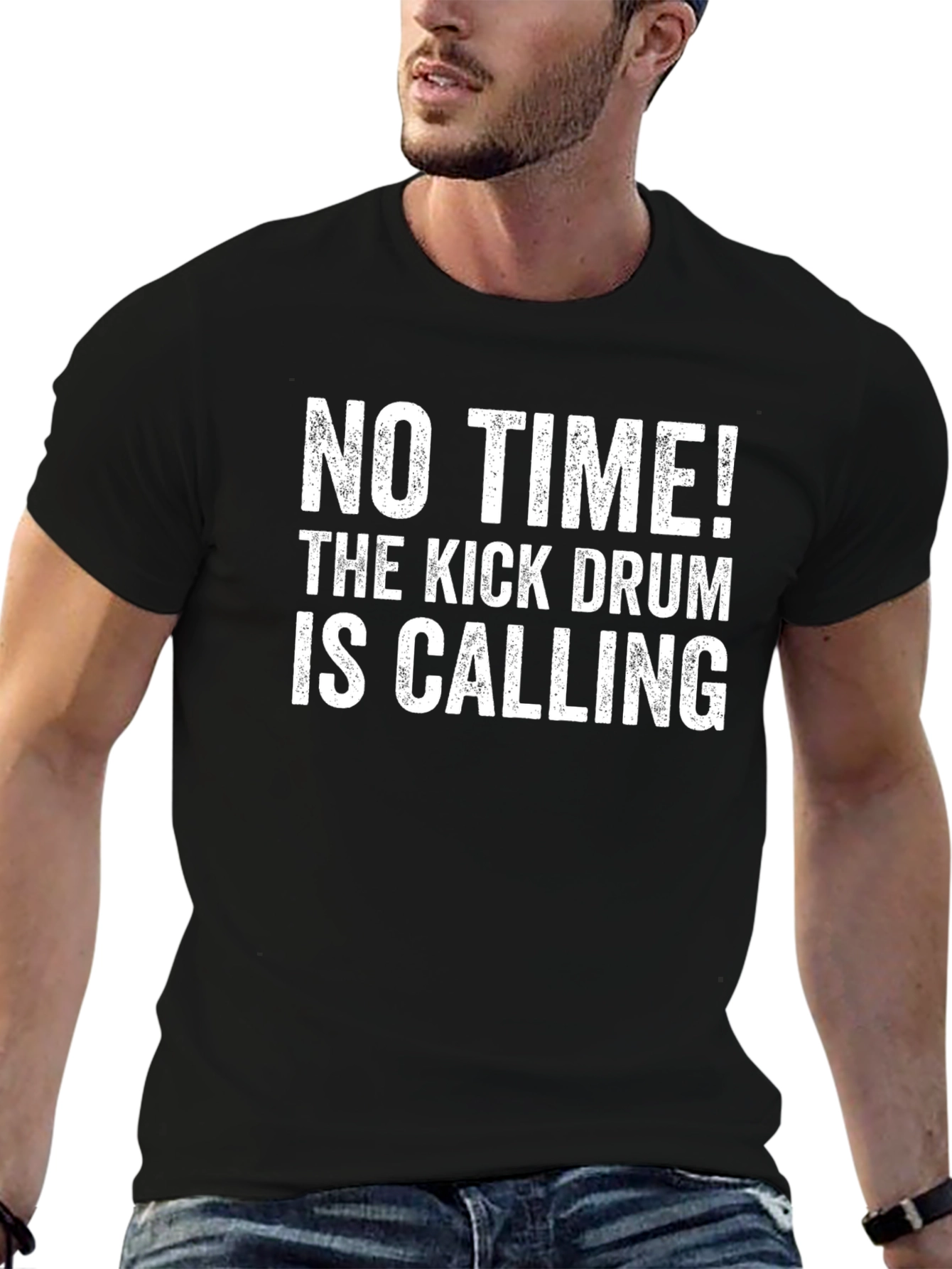 Black Funny Drummer T-Shirt - "No Time! Kick Drum Calling" view 6