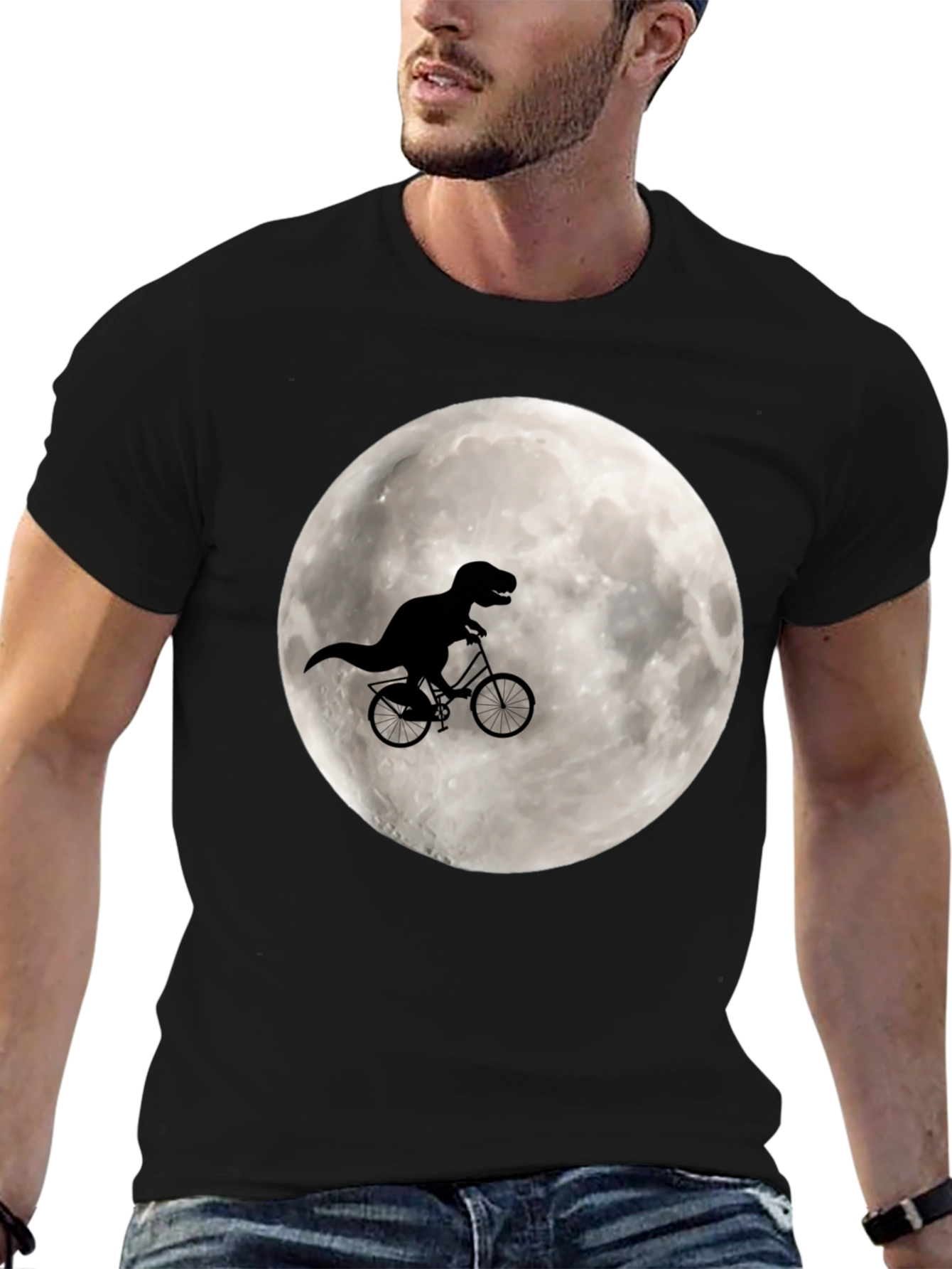 Black Dino Biker Tee - T-Rex Riding Bike on Moon Shirt view 6