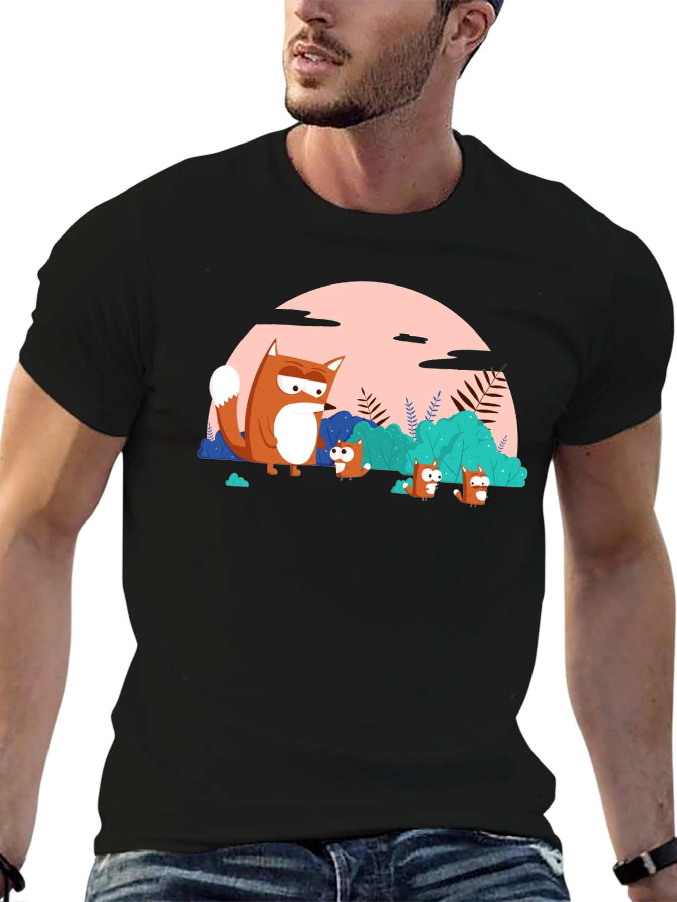 Black Cartoon Fox Family Black T-Shirt view 6