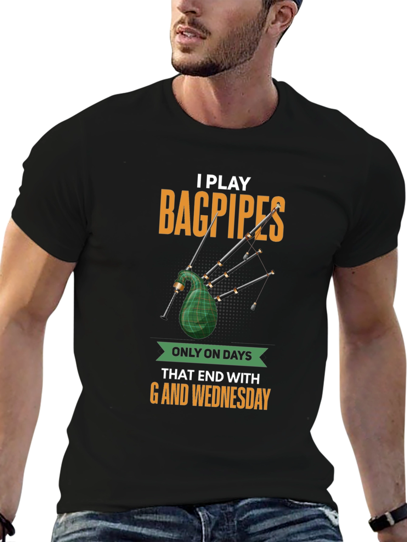 Black Funny Bagpipes T-Shirt - Days Ending in 'G' view 6