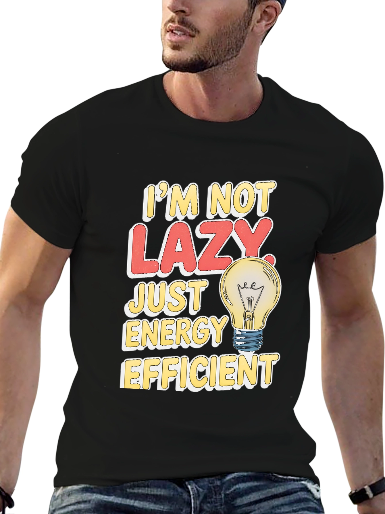 Black Funny Energy Efficient Lazy Light Bulb T-Shirt view 6