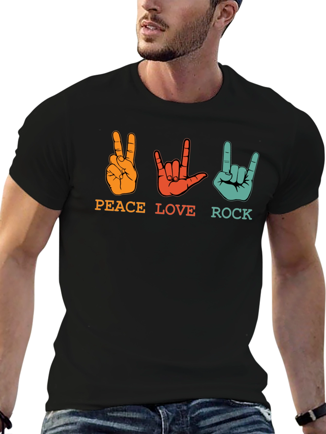Black Peace Love Rock Graphic Tee - Black Unisex T-Shirt view 6