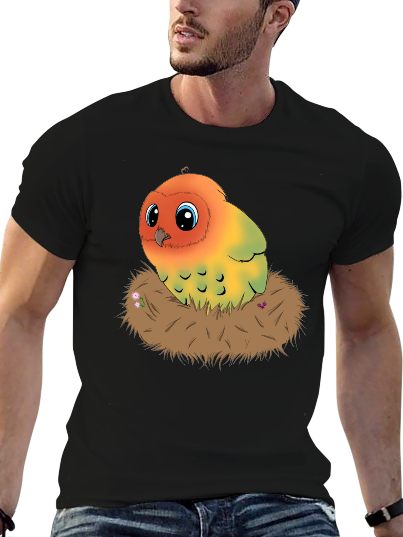 Black Cute Lovebird in Nest Graphic Tee view 6