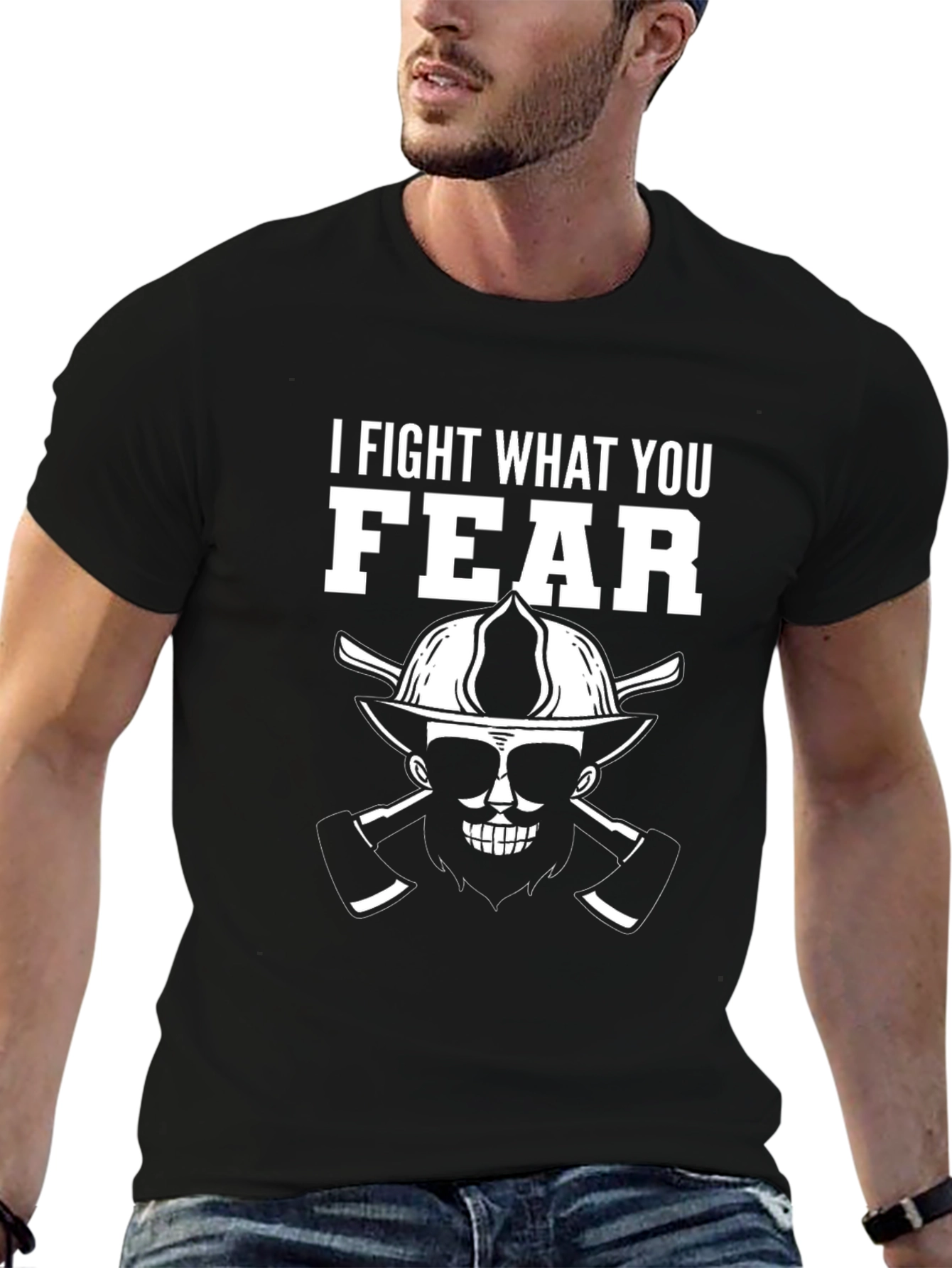Black Firefighter Skull T-Shirt - I Fight What You Fear Tee view 6