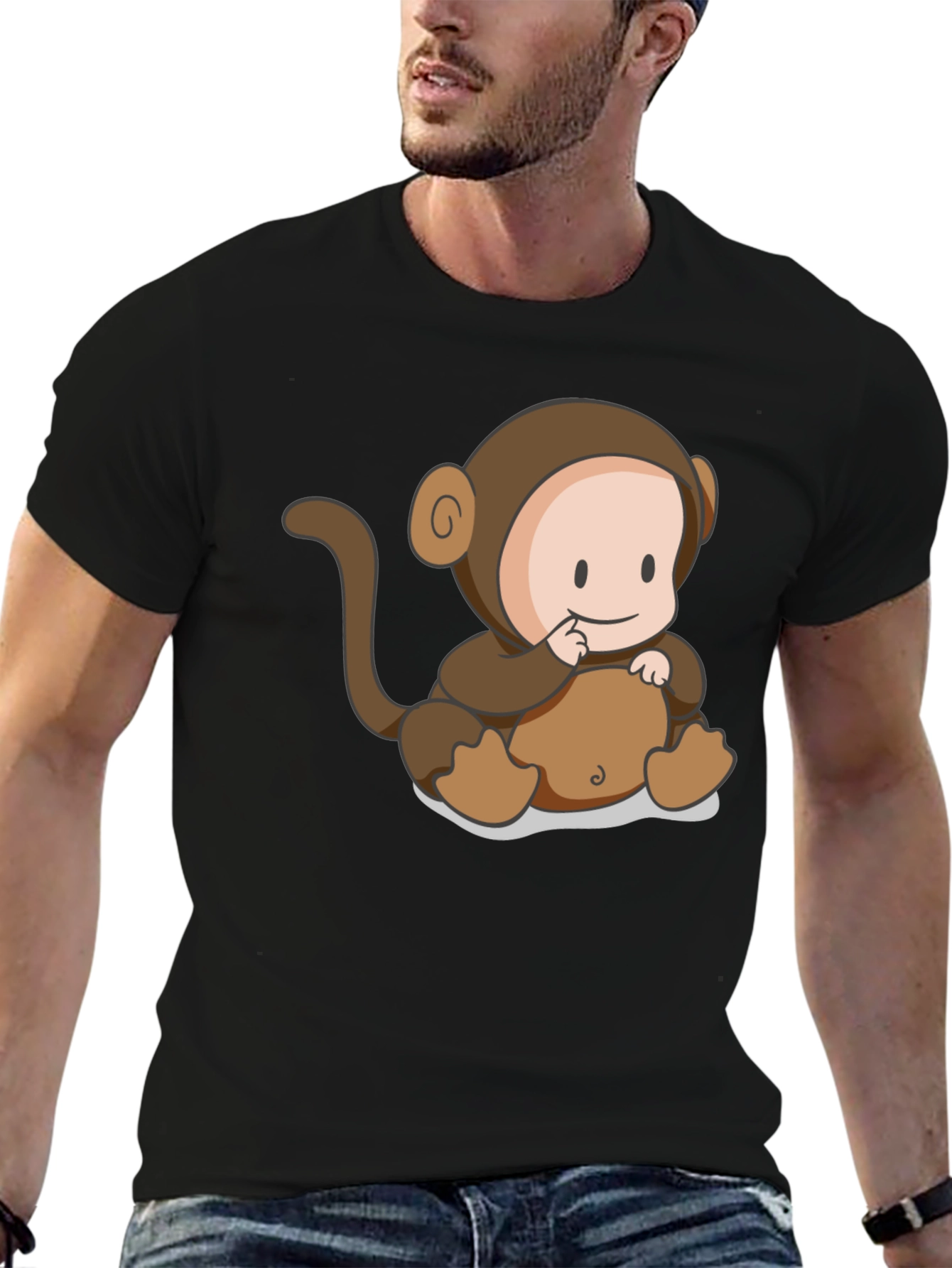 Black Cute Monkey Cartoon Black T-Shirt view 6