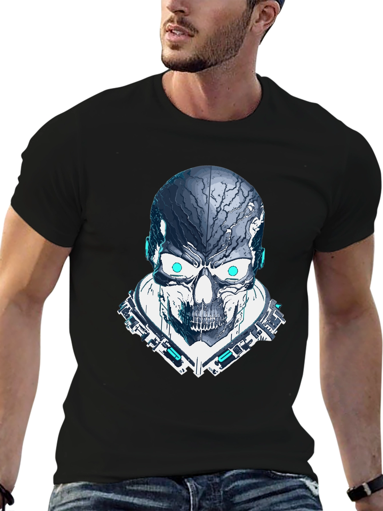 Black Cyber Skull Graphic Tee - Black view 6