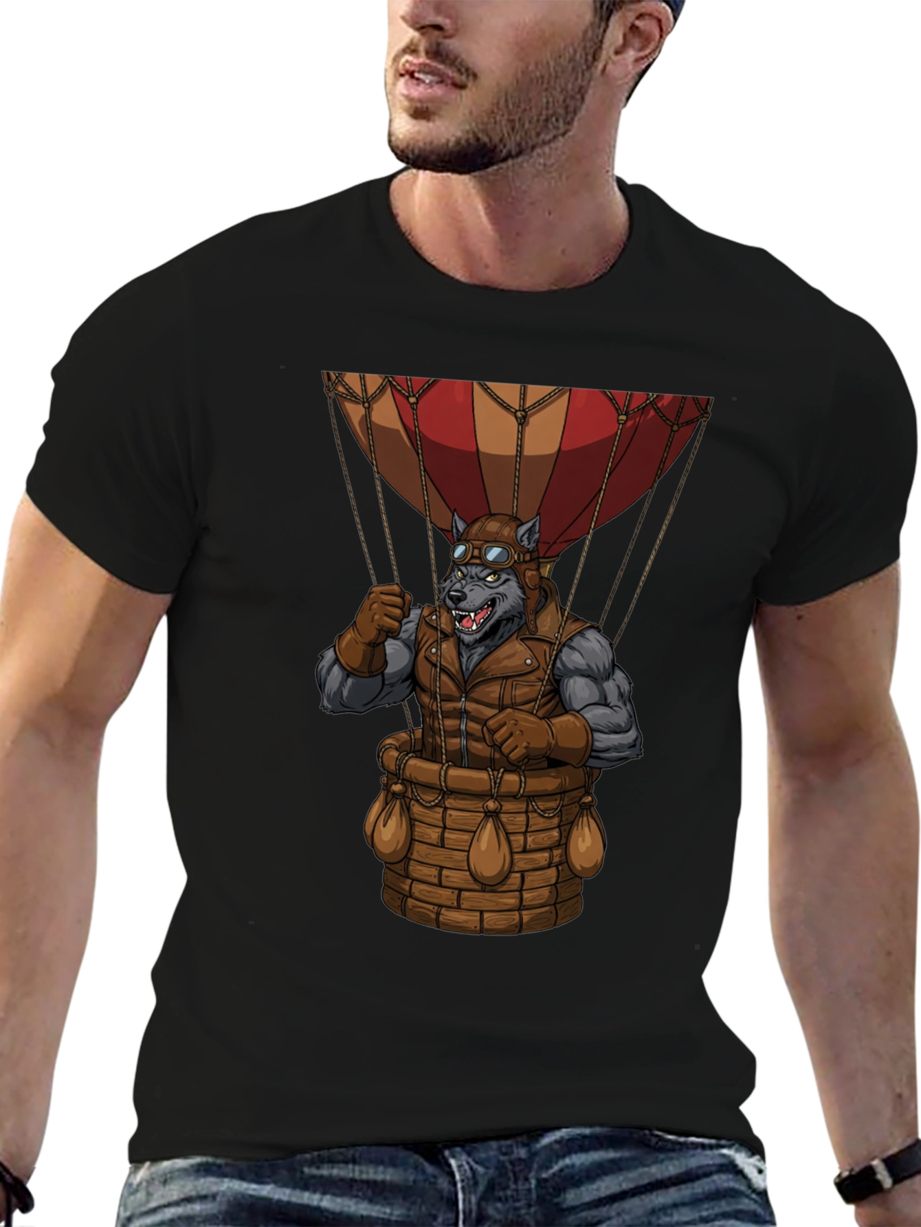 Black Steampunk Wolf Hot Air Balloon Graphic T-Shirt view 6