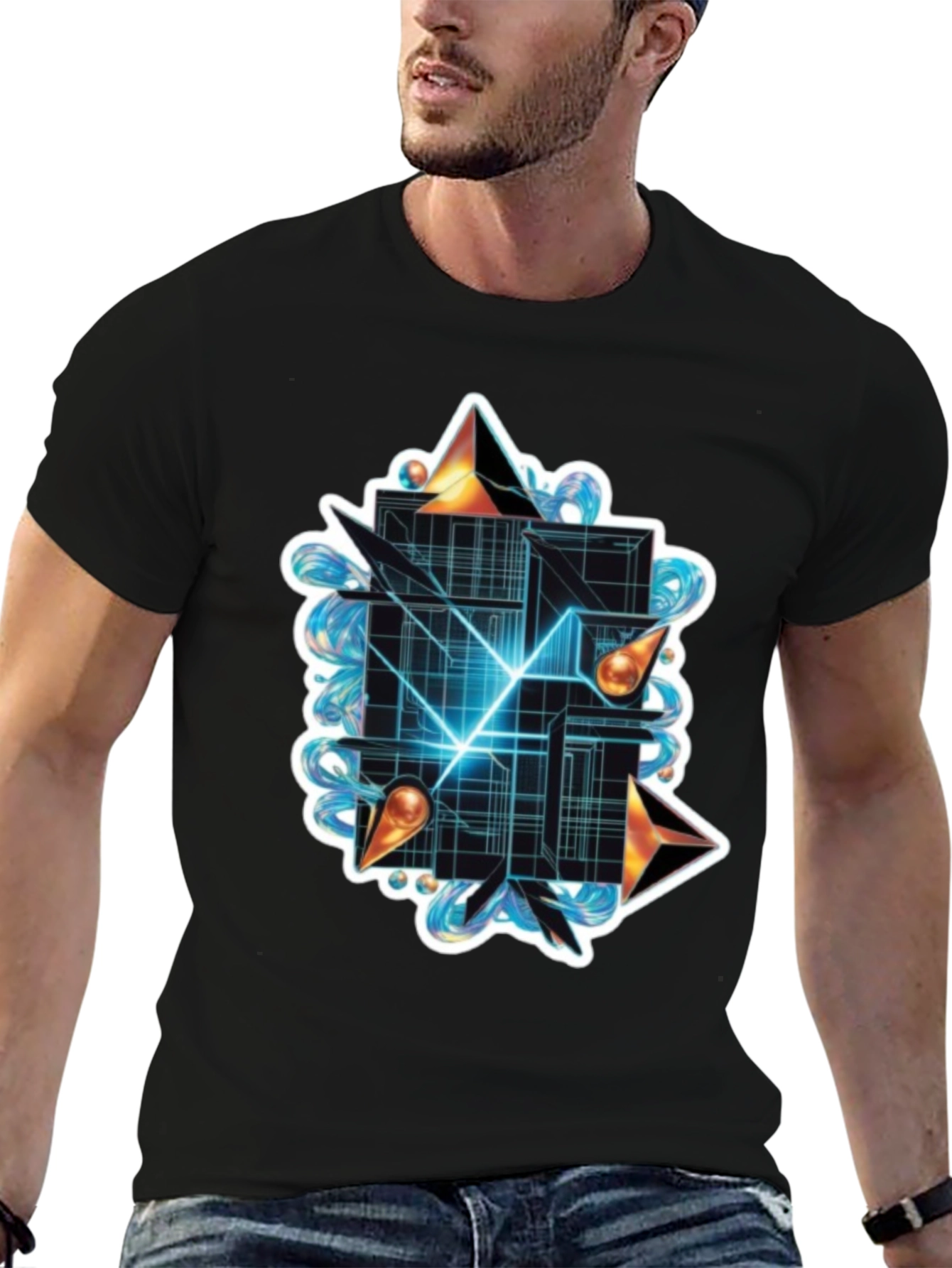 Black Abstract Geometric Graphic Tee - Stylish Black T-Shirt view 6