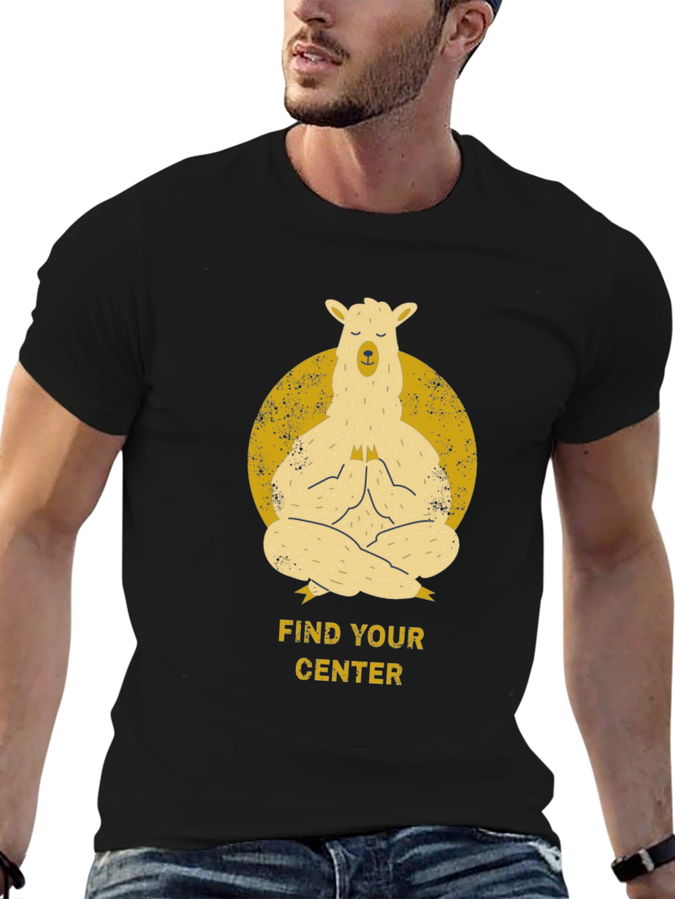 Black Find Your Center - Meditating Llama T-Shirt view 6