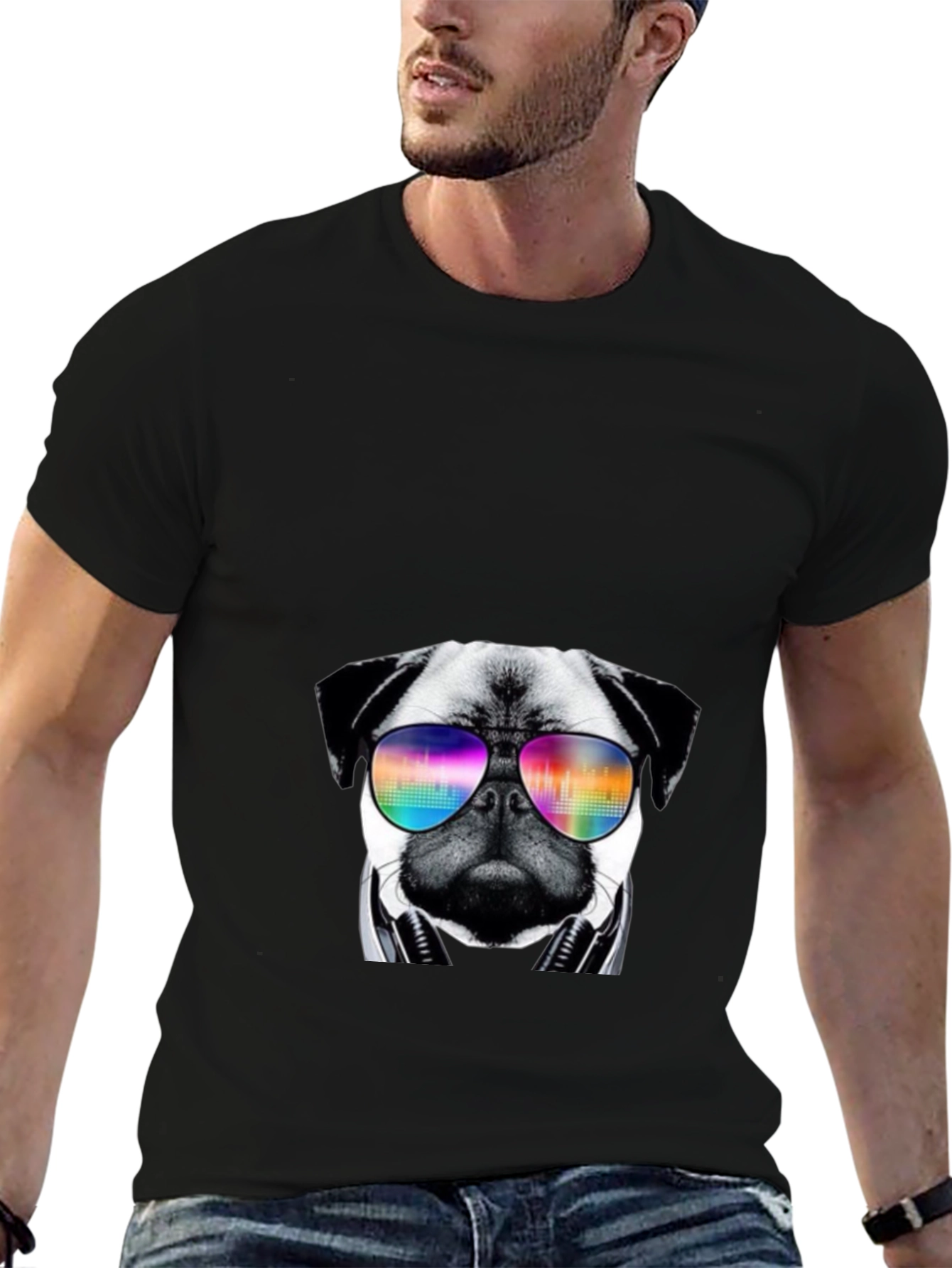 Black Cool Pug T-Shirt with Headphones and Sunglasses view 6