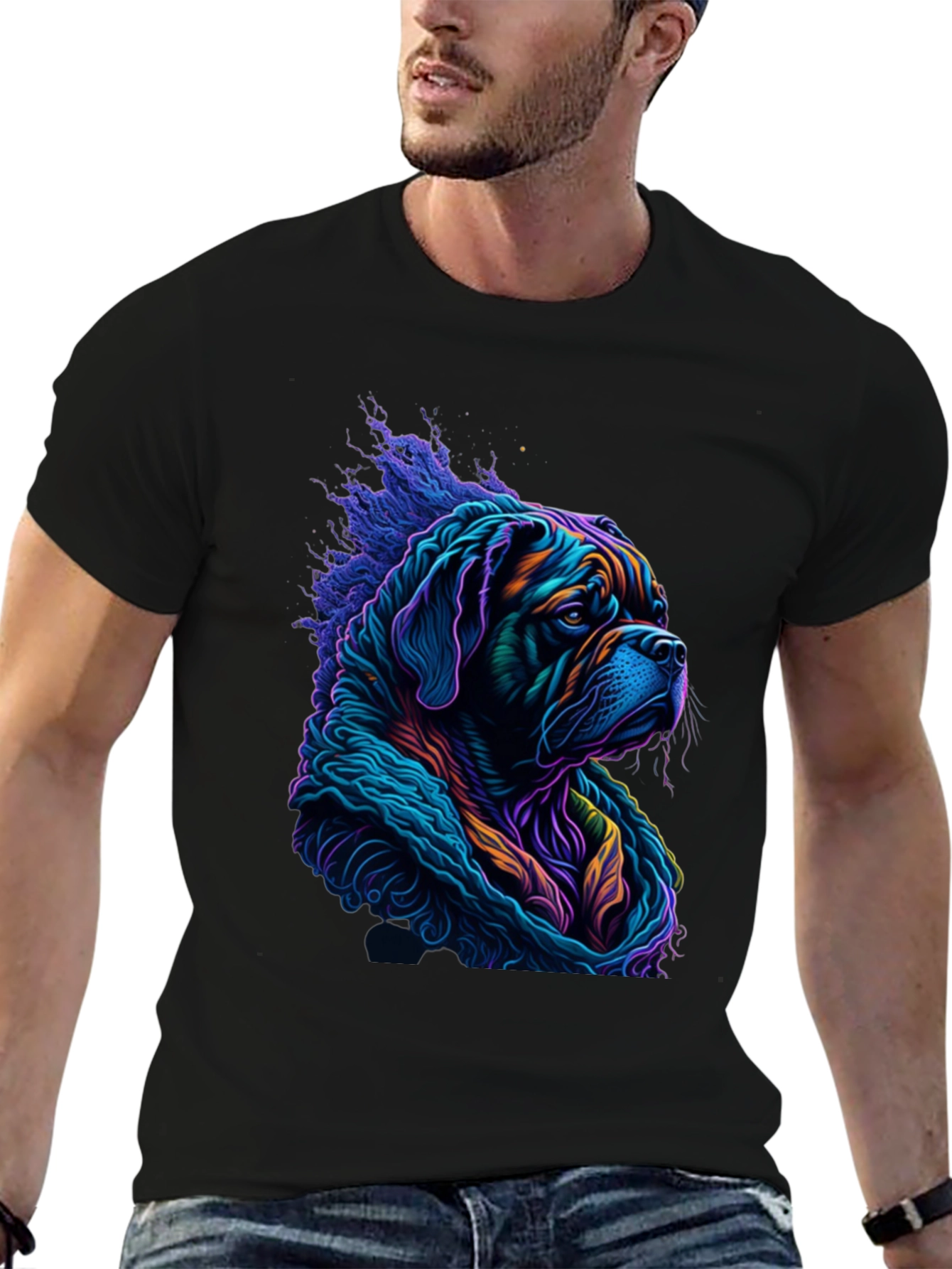 Black Vibrant Dog Graphic Tee - Stylish Men's Black T-Shirt view 6