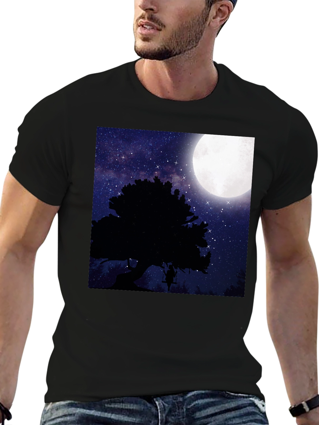 Black Moonlit Swing T-Shirt - Night Sky Tree Silhouette view 6