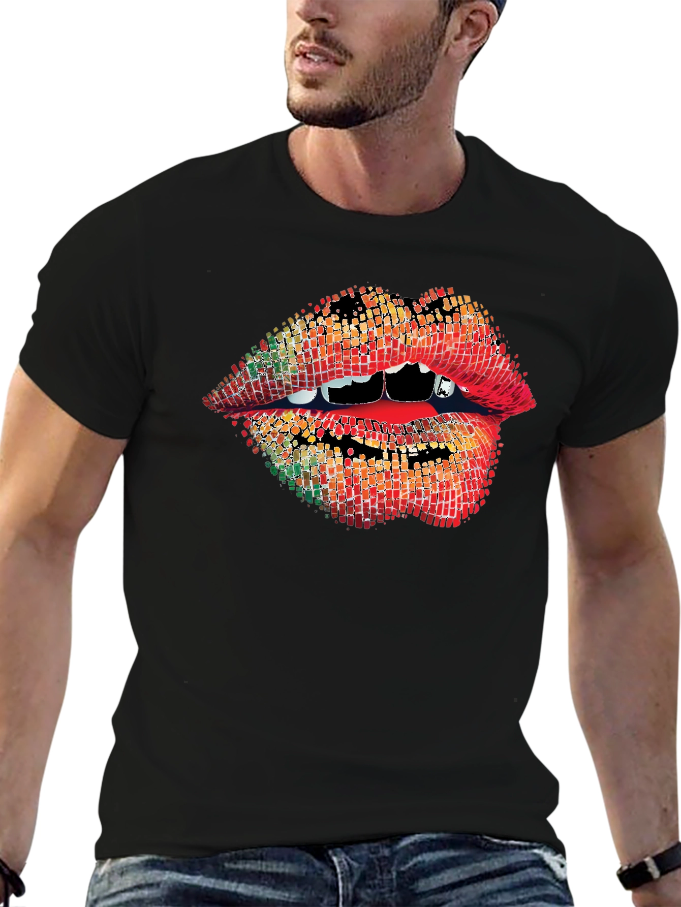 Black Vampire Lips Graphic Tee - Unique Pixelated Mouth Design view 6