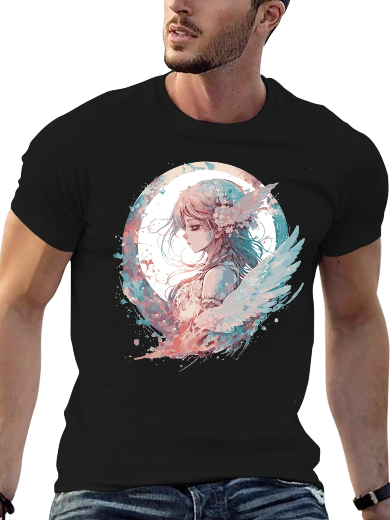Anime Angel Graphic Black T-Shirt - 6