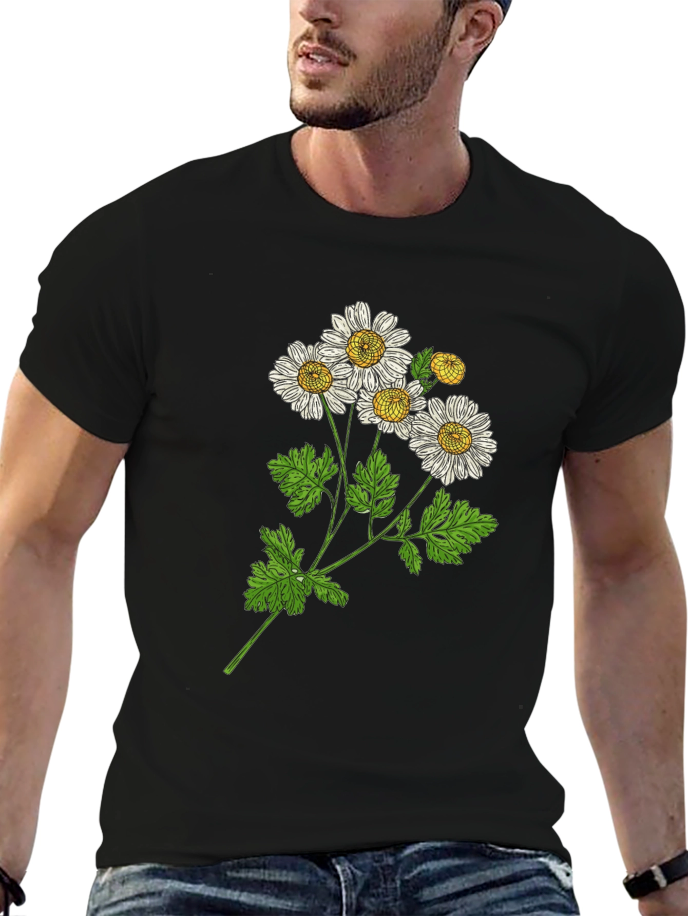 Black Botanical Daisy Graphic T-Shirt - Black view 6