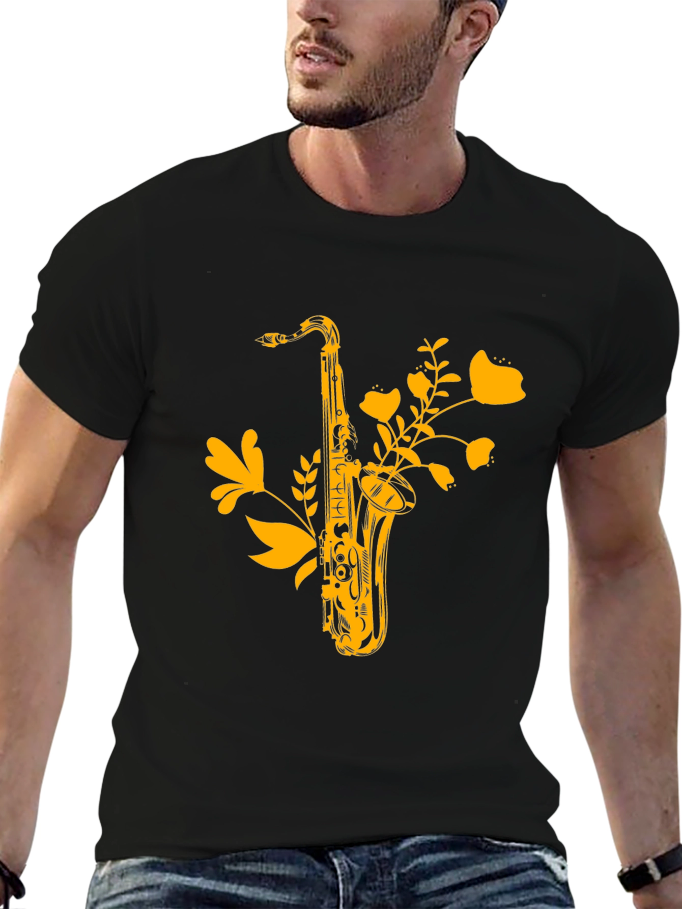 Black Saxophone Floral Graphic Tee - Black Cotton Comfort view 6