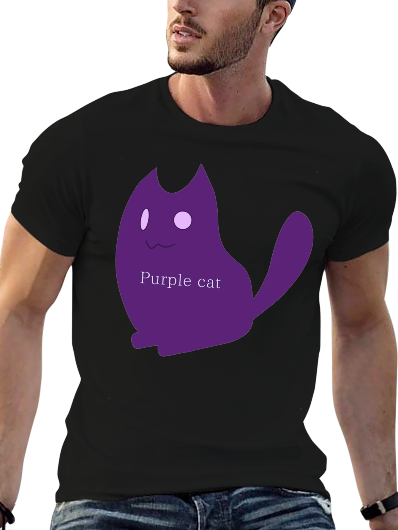Black Black T-Shirt with Purple Cat Graphic view 6