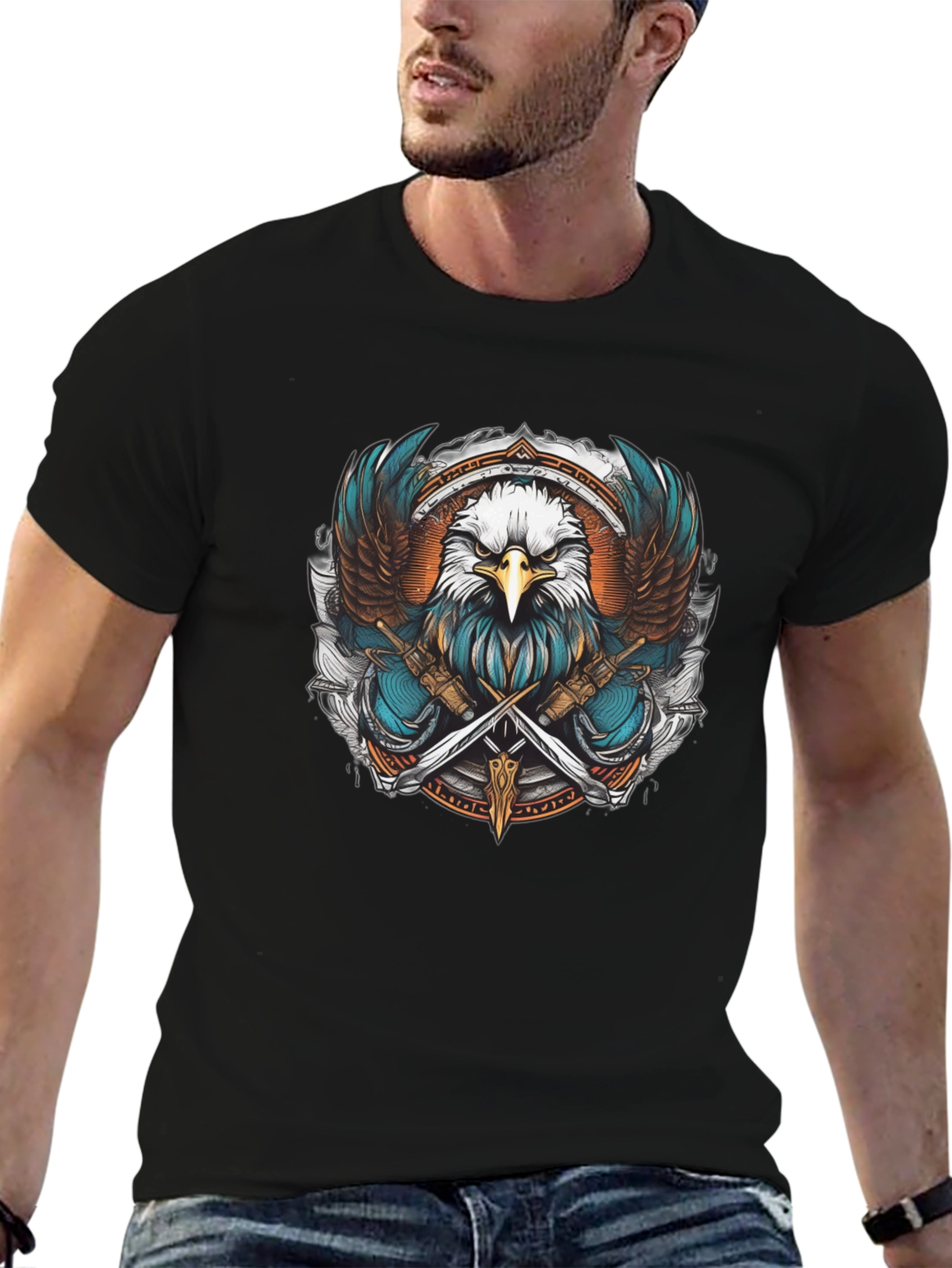 Black Eagle & Swords Graphic Tee - Stylish Unisex Shirt view 6