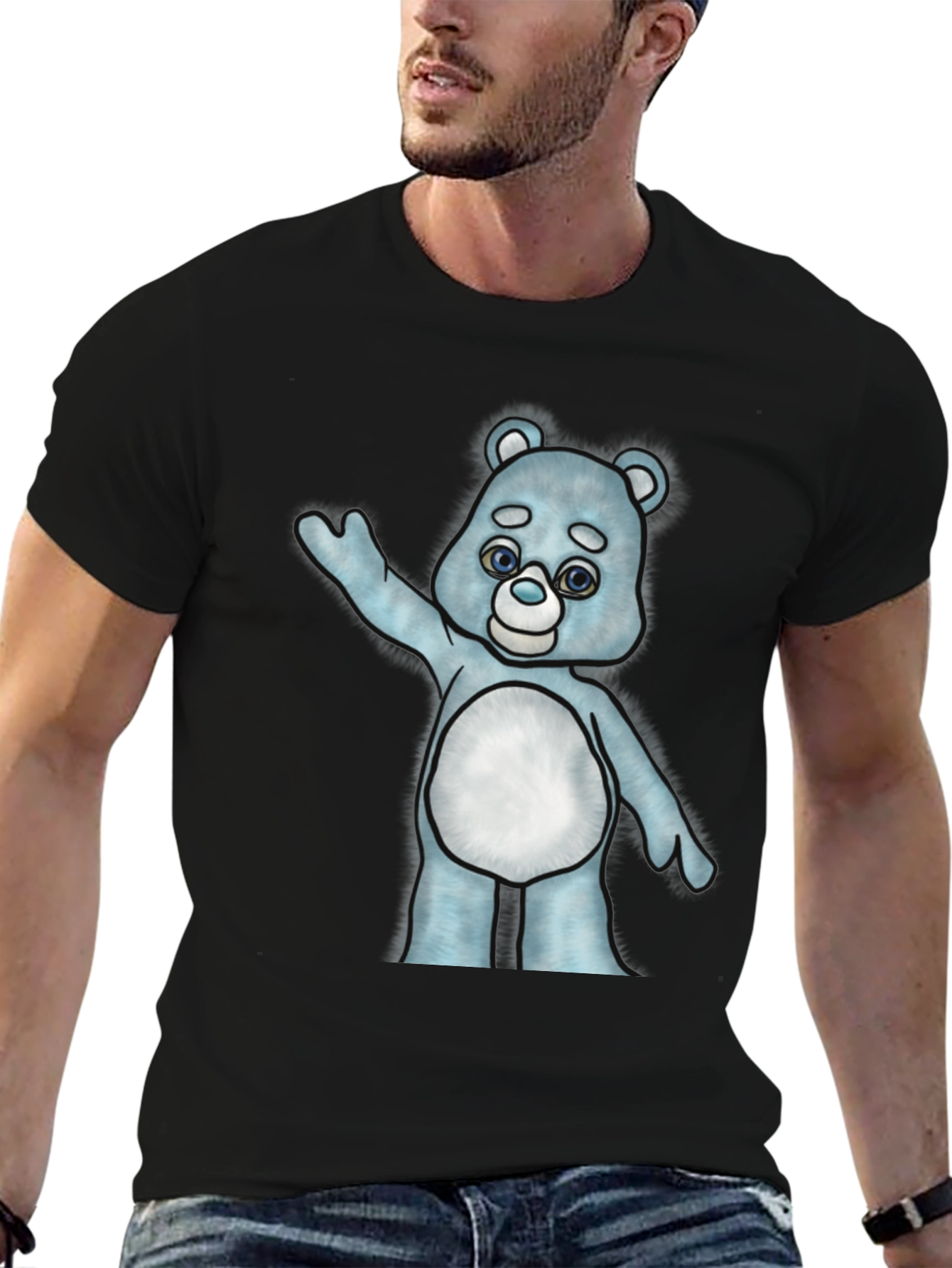 Black Cute Cartoon Bear Graphic T-Shirt - Black Cotton Tee view 6