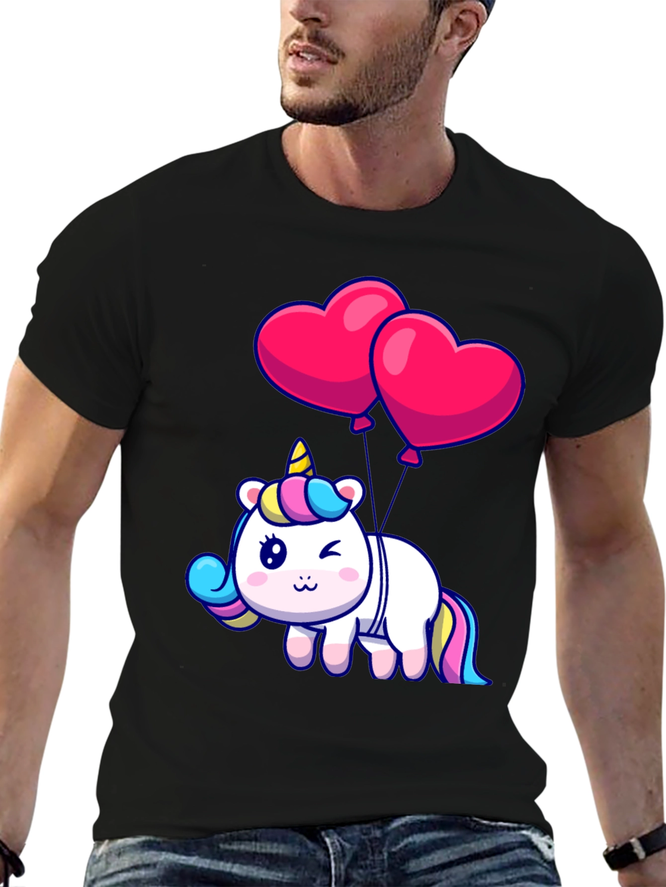 Black Unicorn with Heart Balloons Graphic Tee view 6