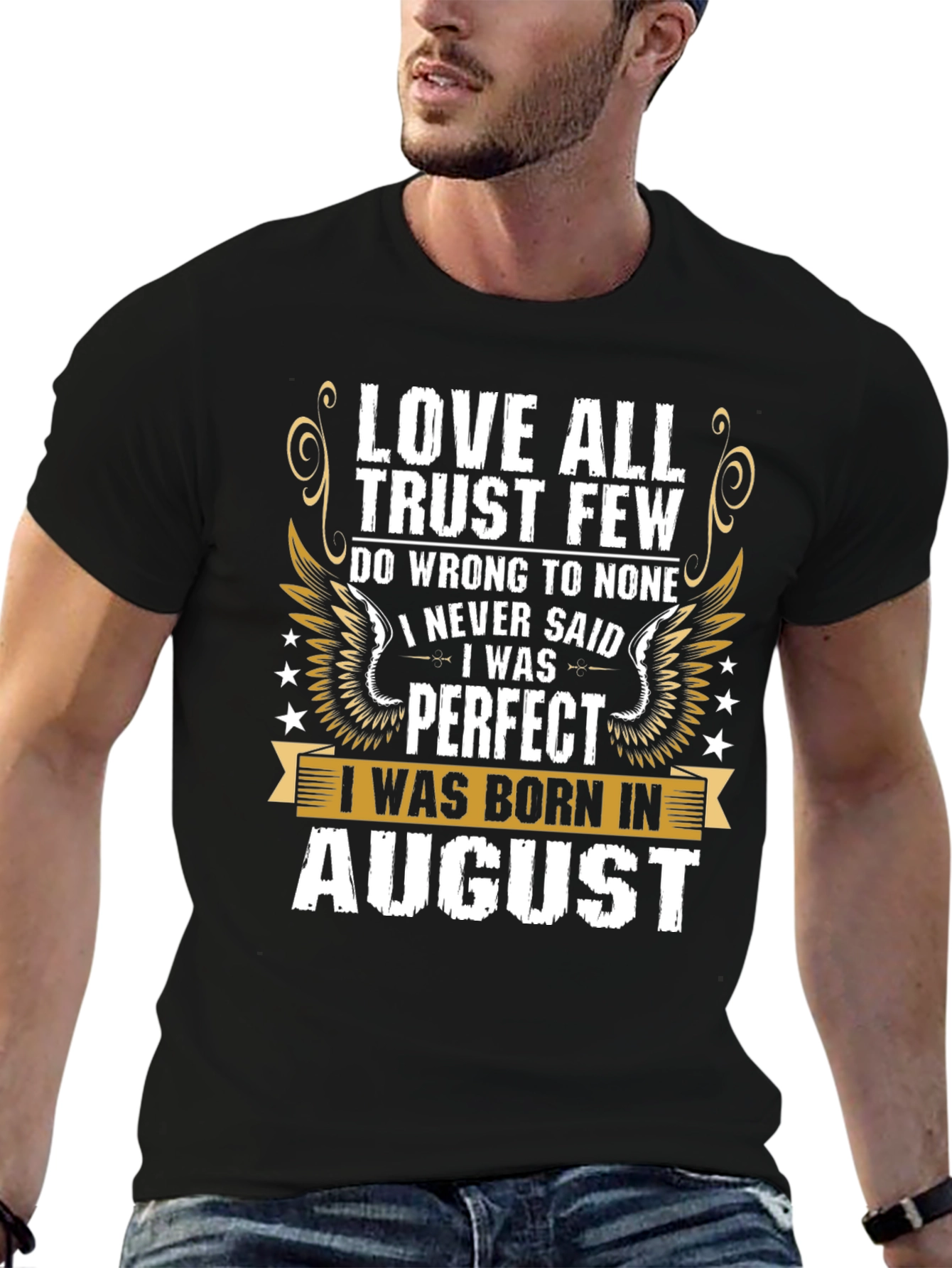 Black Love All Trust Few August Birthday T-Shirt view 6