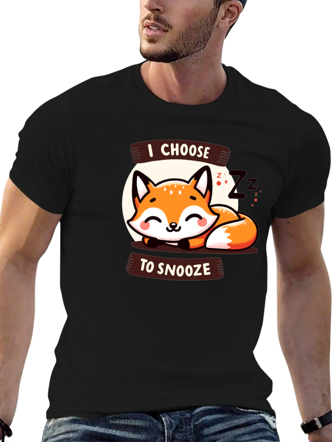 Black Cute Fox Snooze Graphic Tee - Black view 6