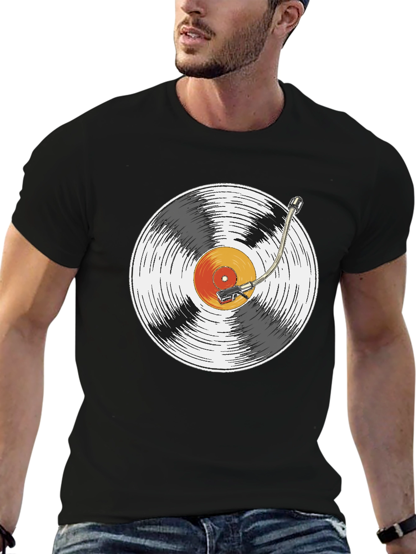 Black Retro Vinyl Record Player Graphic T-Shirt view 6