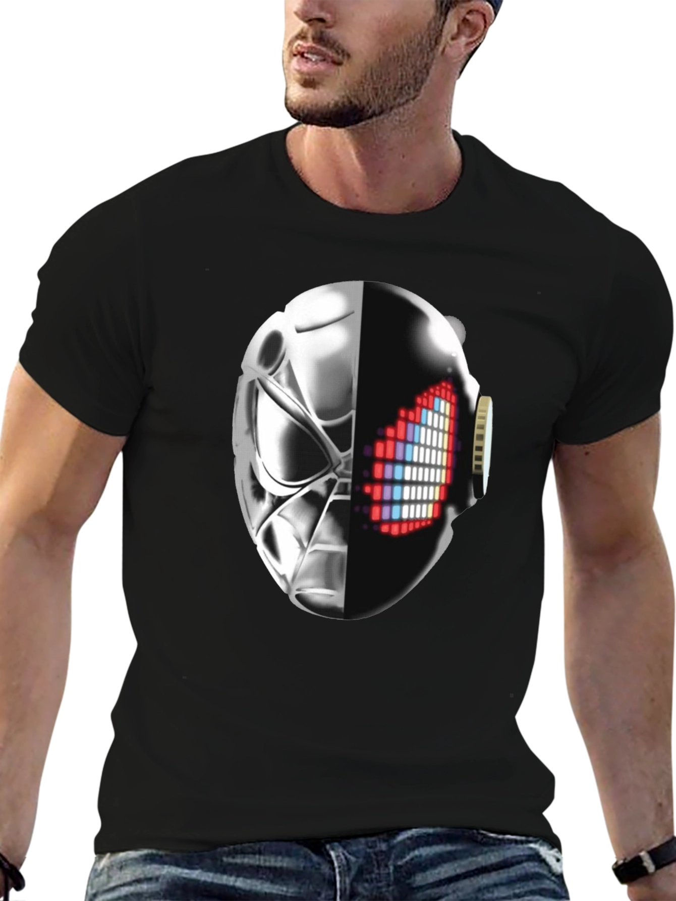 Black Cyberpunk Half-Mask Graphic T-Shirt - Black view 6