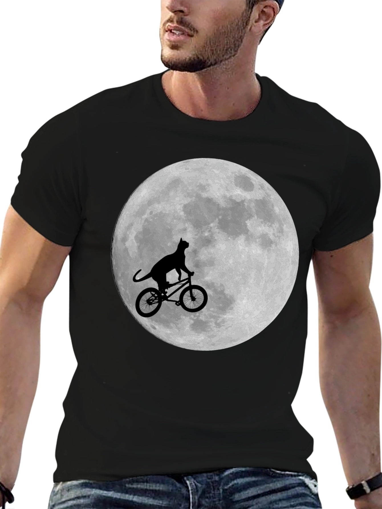 Black Cat on Bike Moon Graphic T-Shirt view 6