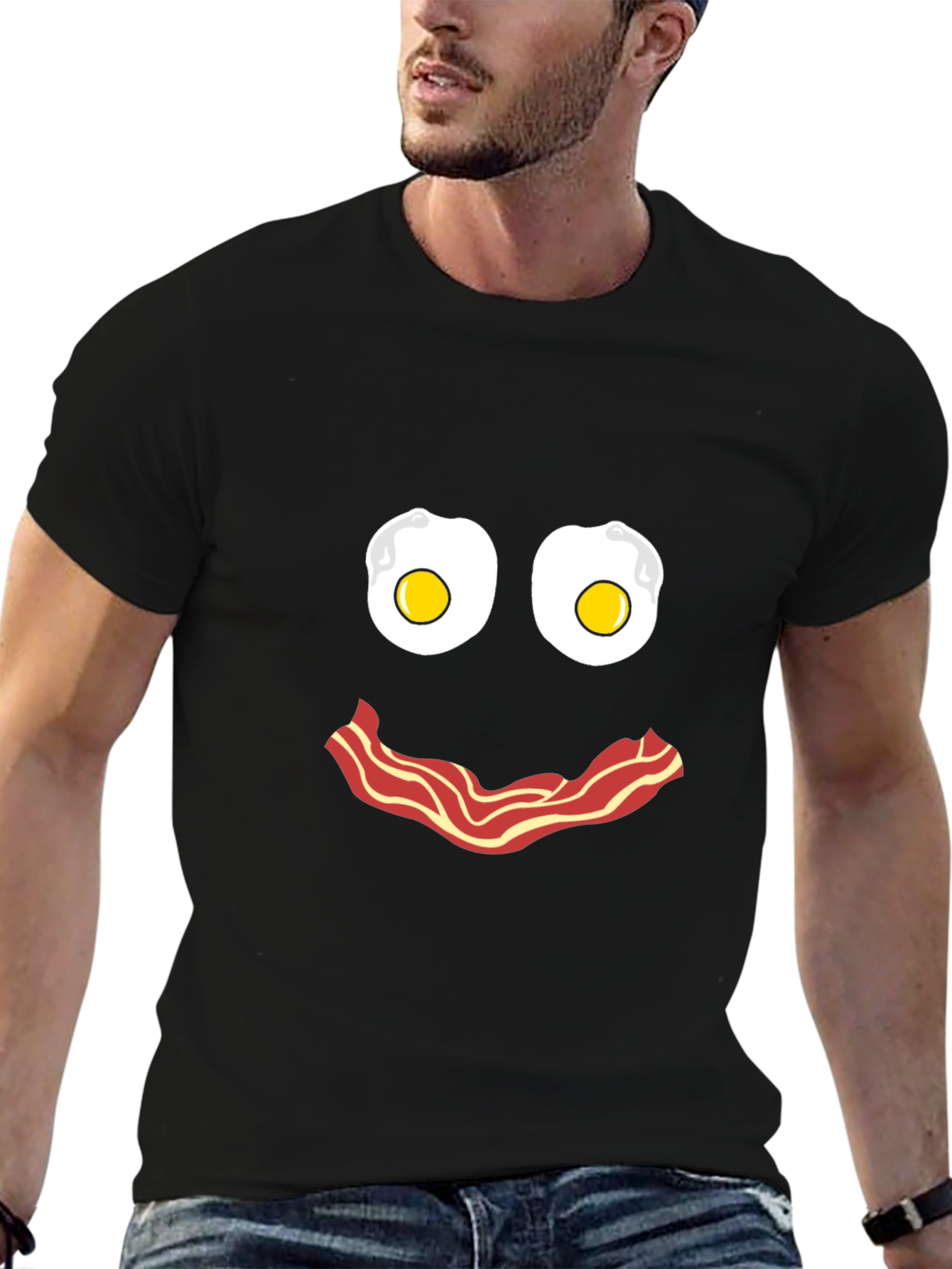 Black Funny Breakfast Face T-Shirt: Eggs and Bacon Graphic Tee view 6
