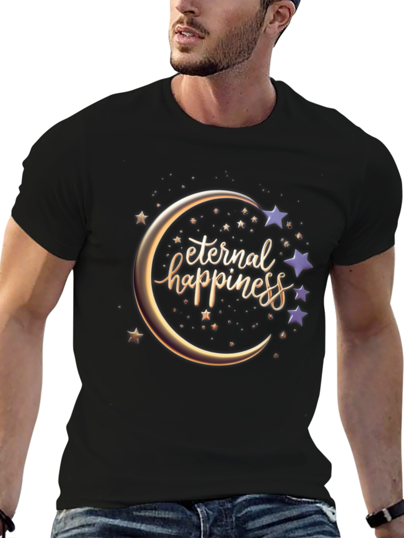 Black Eternal Happiness Moon Star Graphic T-Shirt view 6